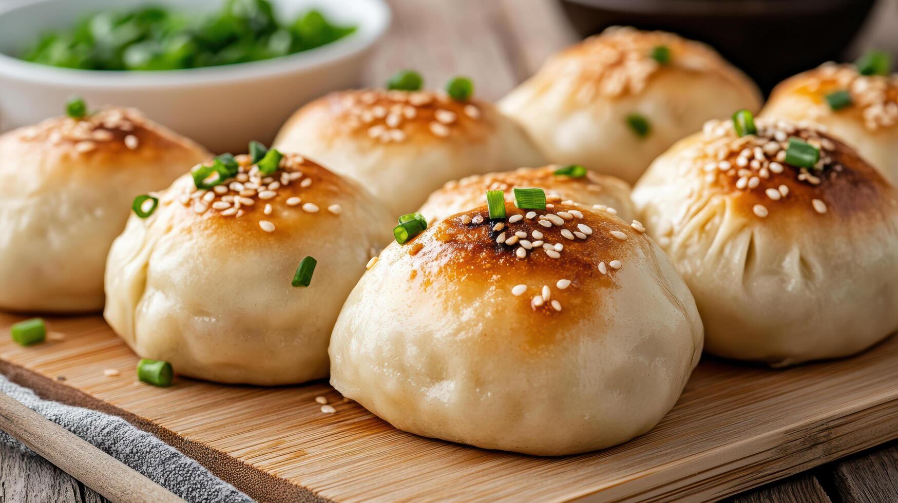 A wooden cutting board with several buns on it photo