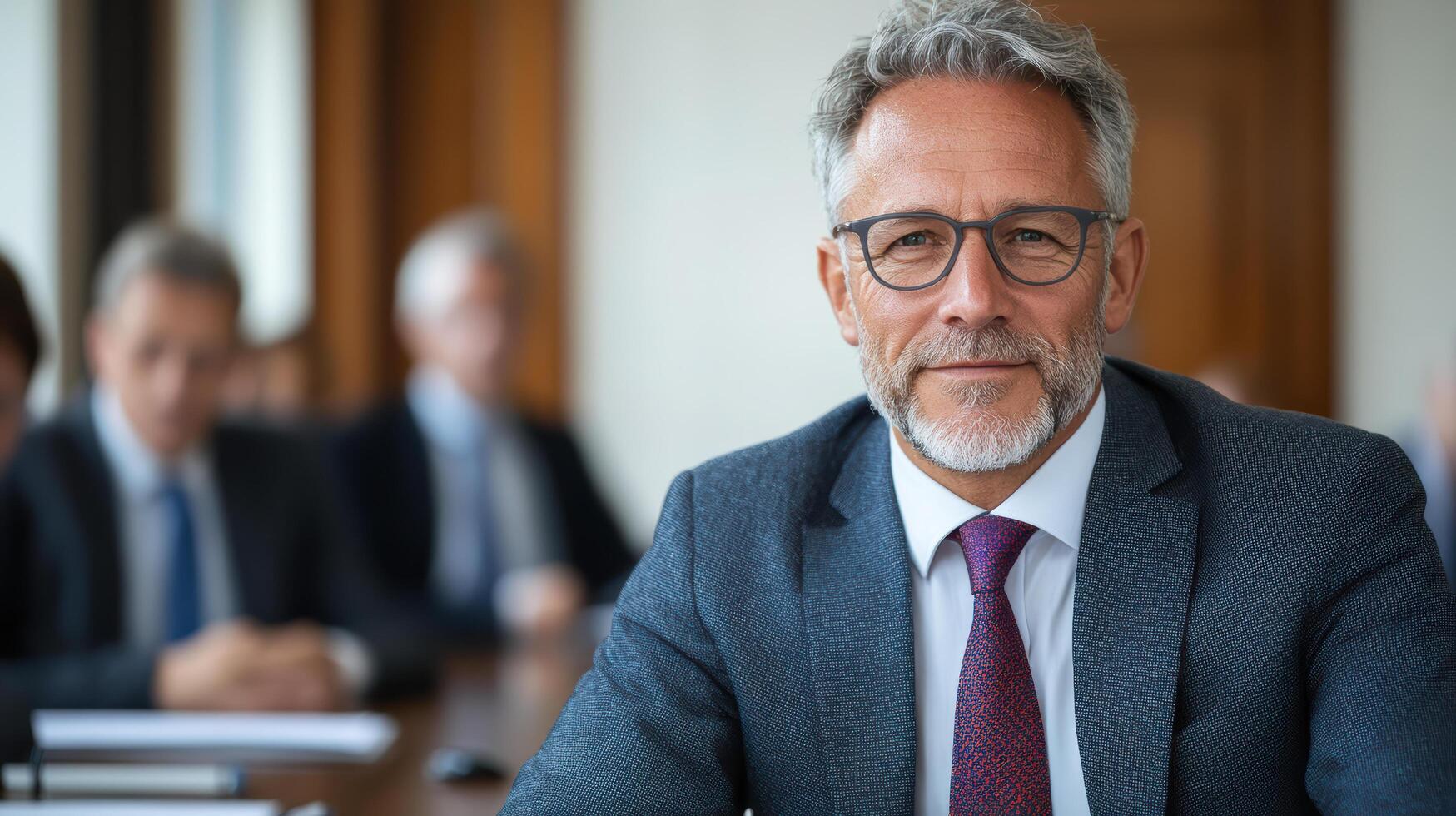 A man in a suit and tie sitting at a conference table photo