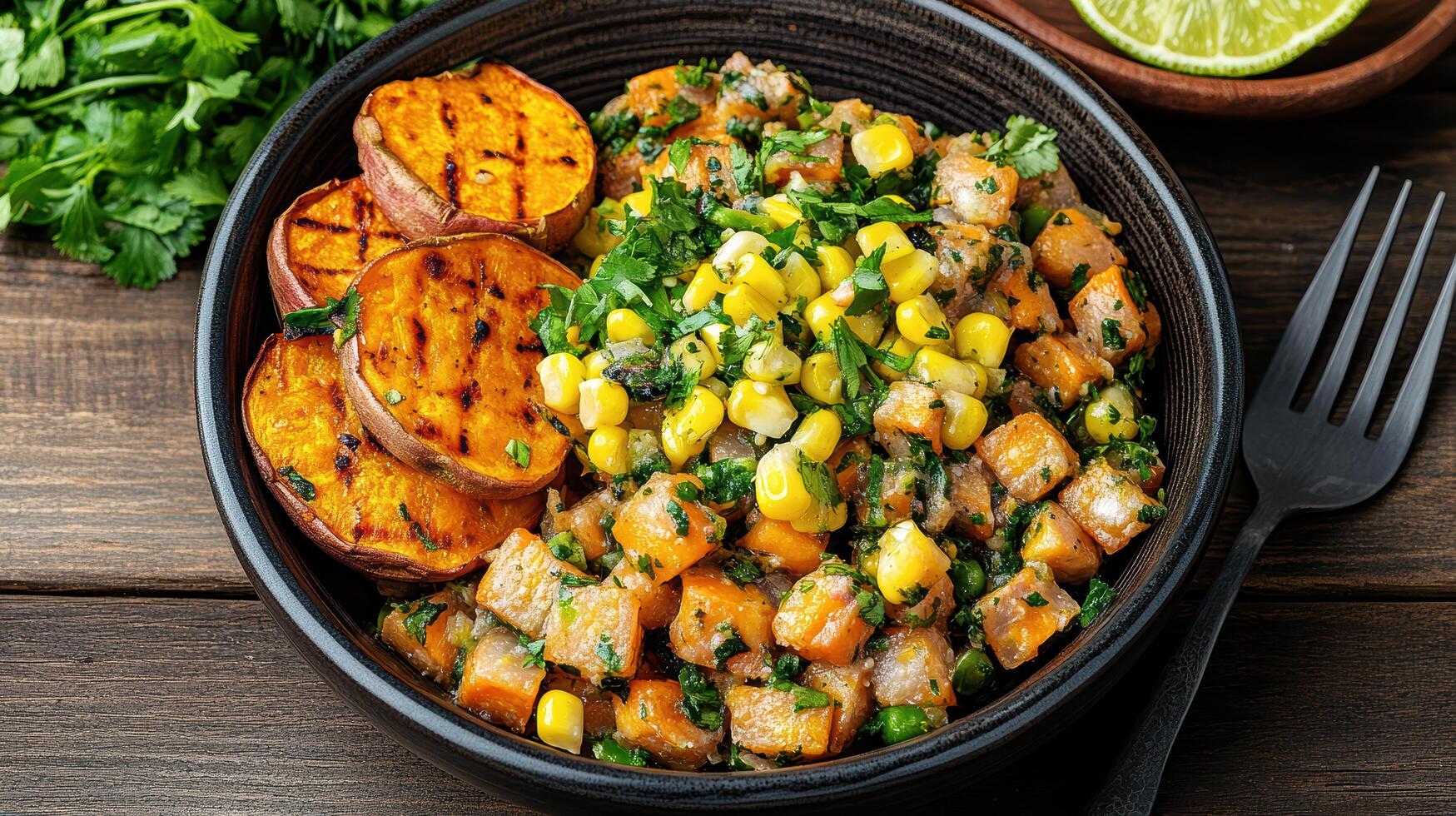 A bowl of food with a fork and a lime photo