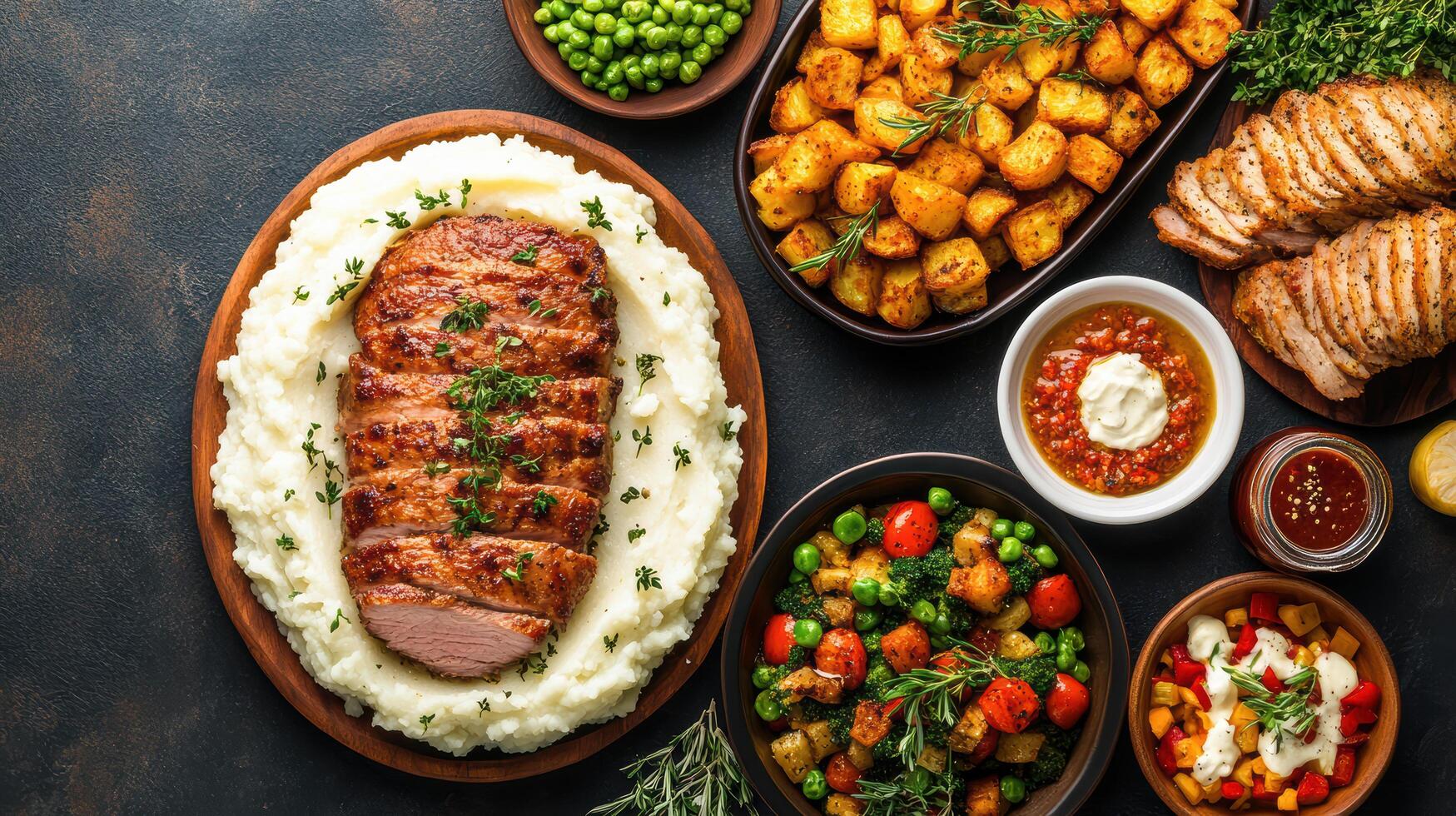 A variety of meat dishes with mashed potatoes and vegetables photo