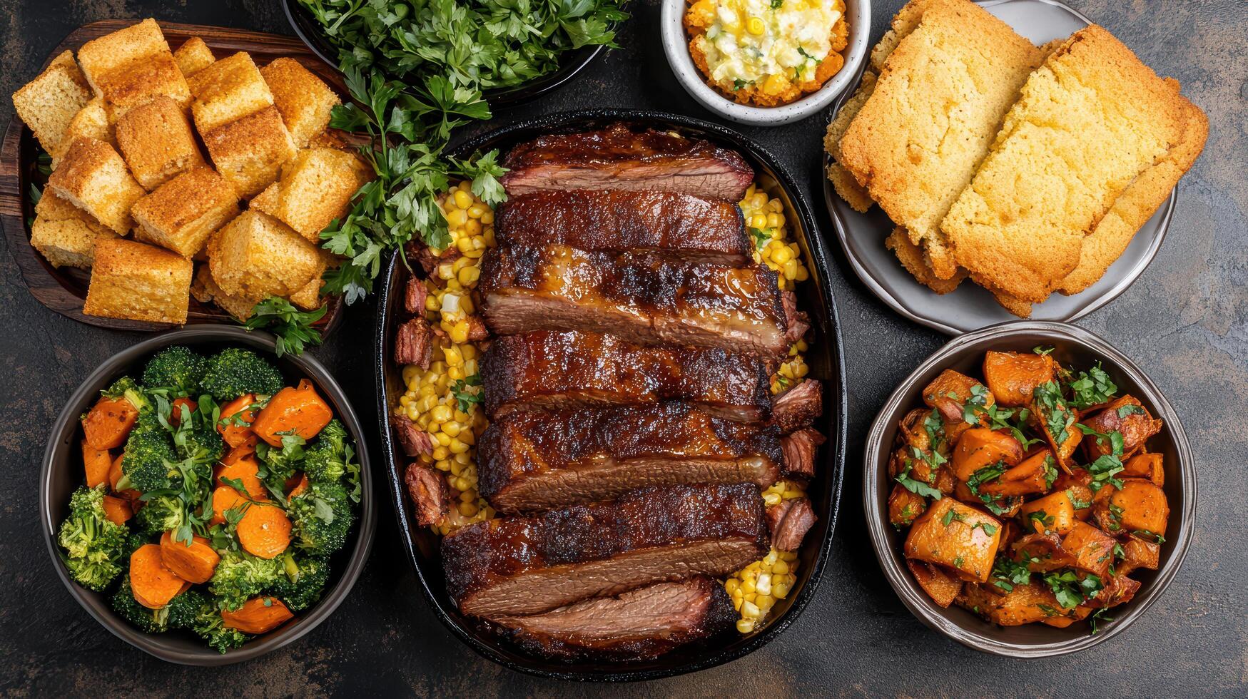 A large platter of food with meat, vegetables and bread photo