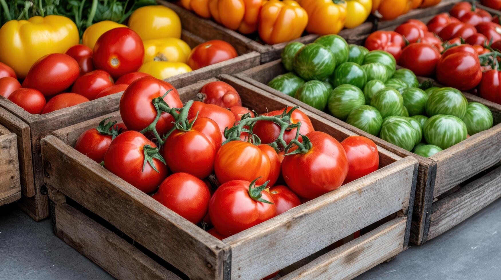 A variety of tomatoes in wooden crates photo