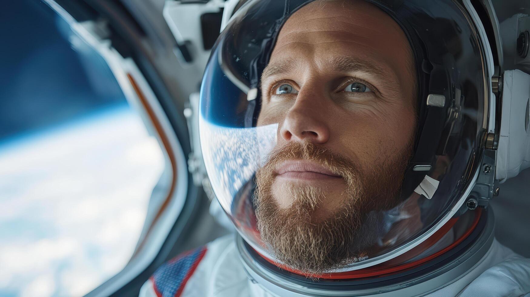 Astronaut in space suit looking out of window photo