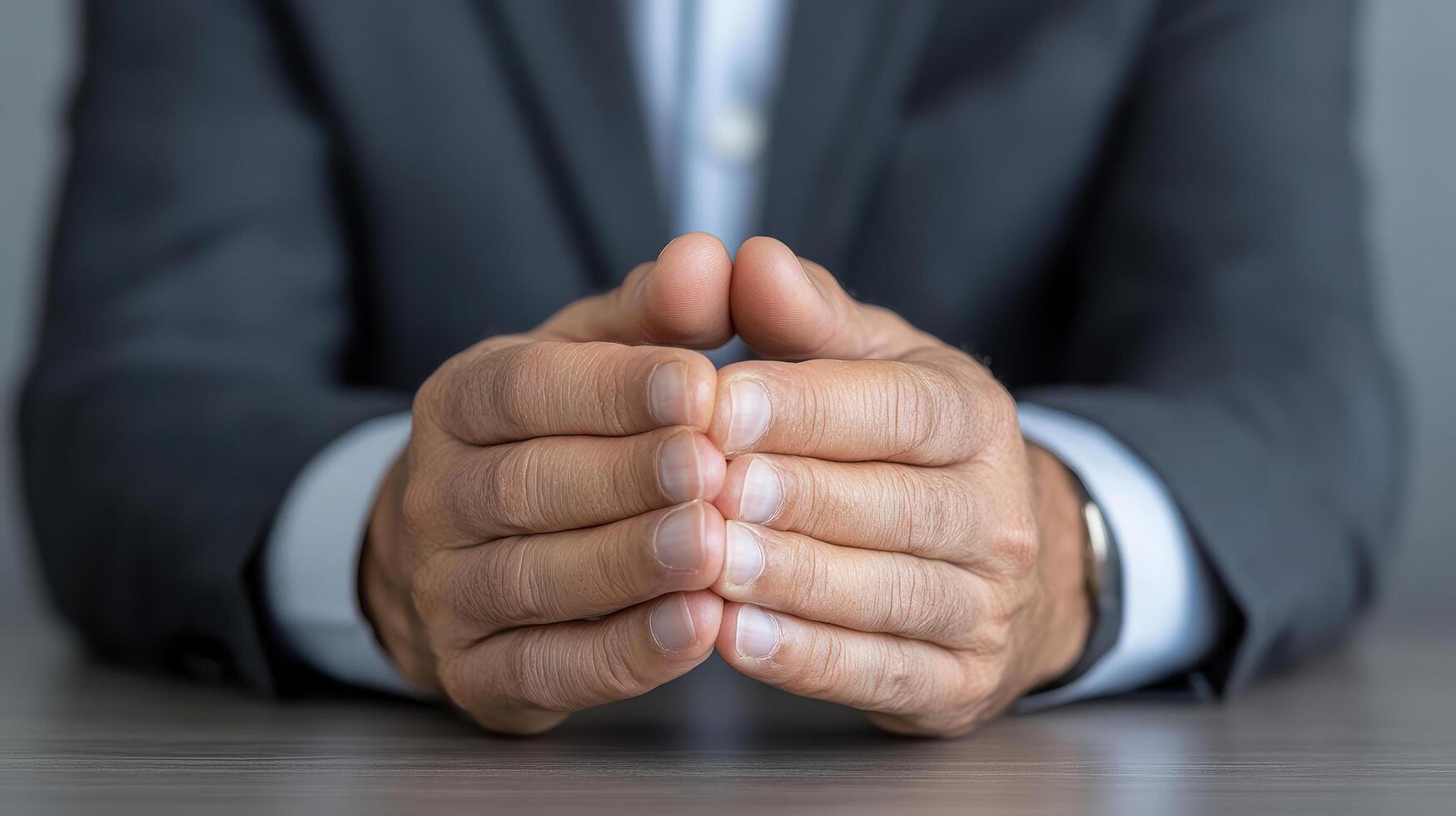 A man in a suit is holding his hands together photo