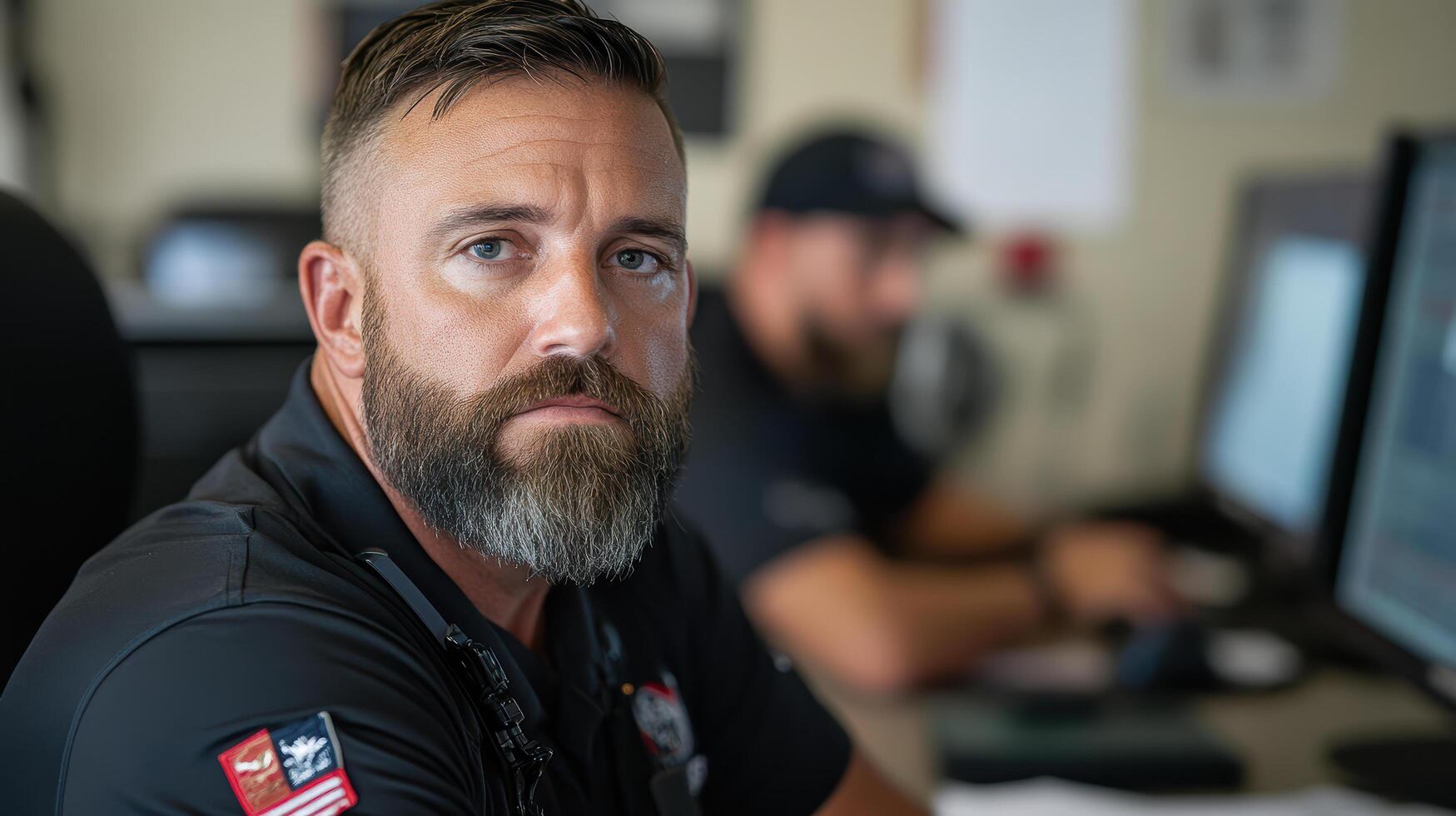 A man with a beard and a beard sitting at a desk photo
