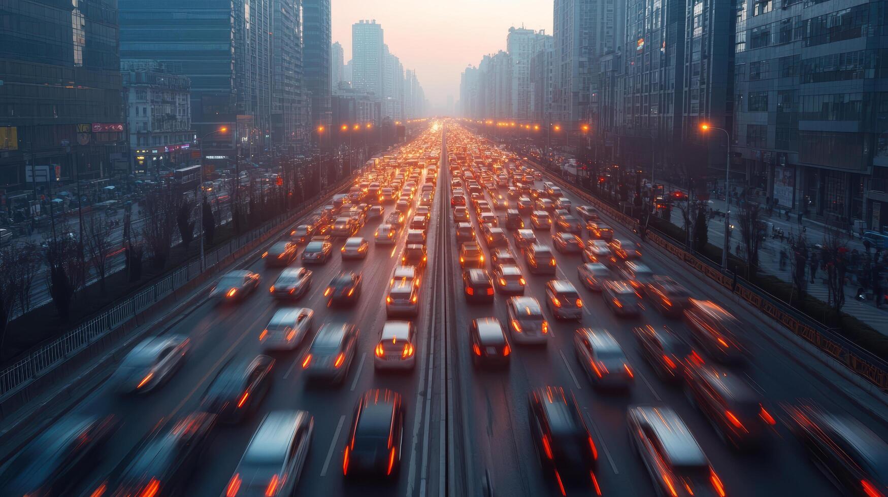 Traffic jam on a city street at dusk photo