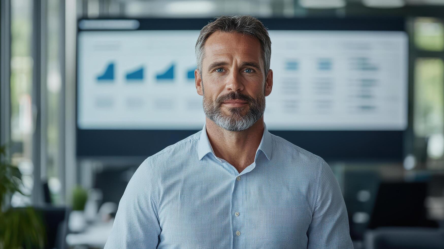 A man with a beard and shirt standing in front of a computer screen photo