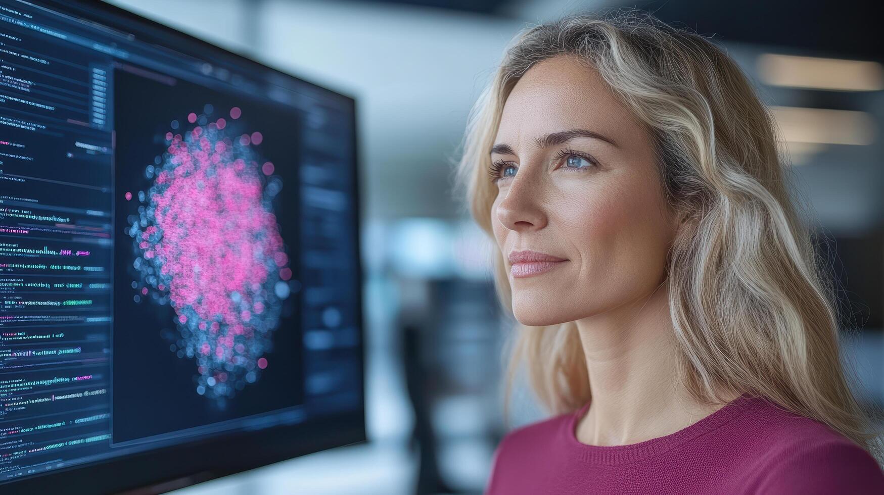 A woman looking at a computer screen with a data chart photo