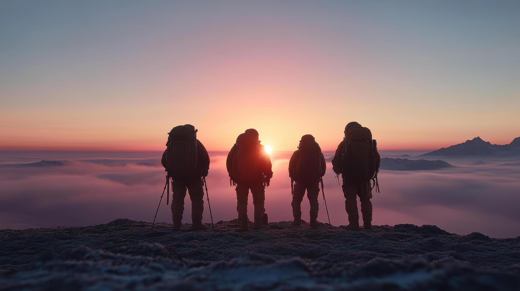 Four people standing on top of a mountain at sunset photo