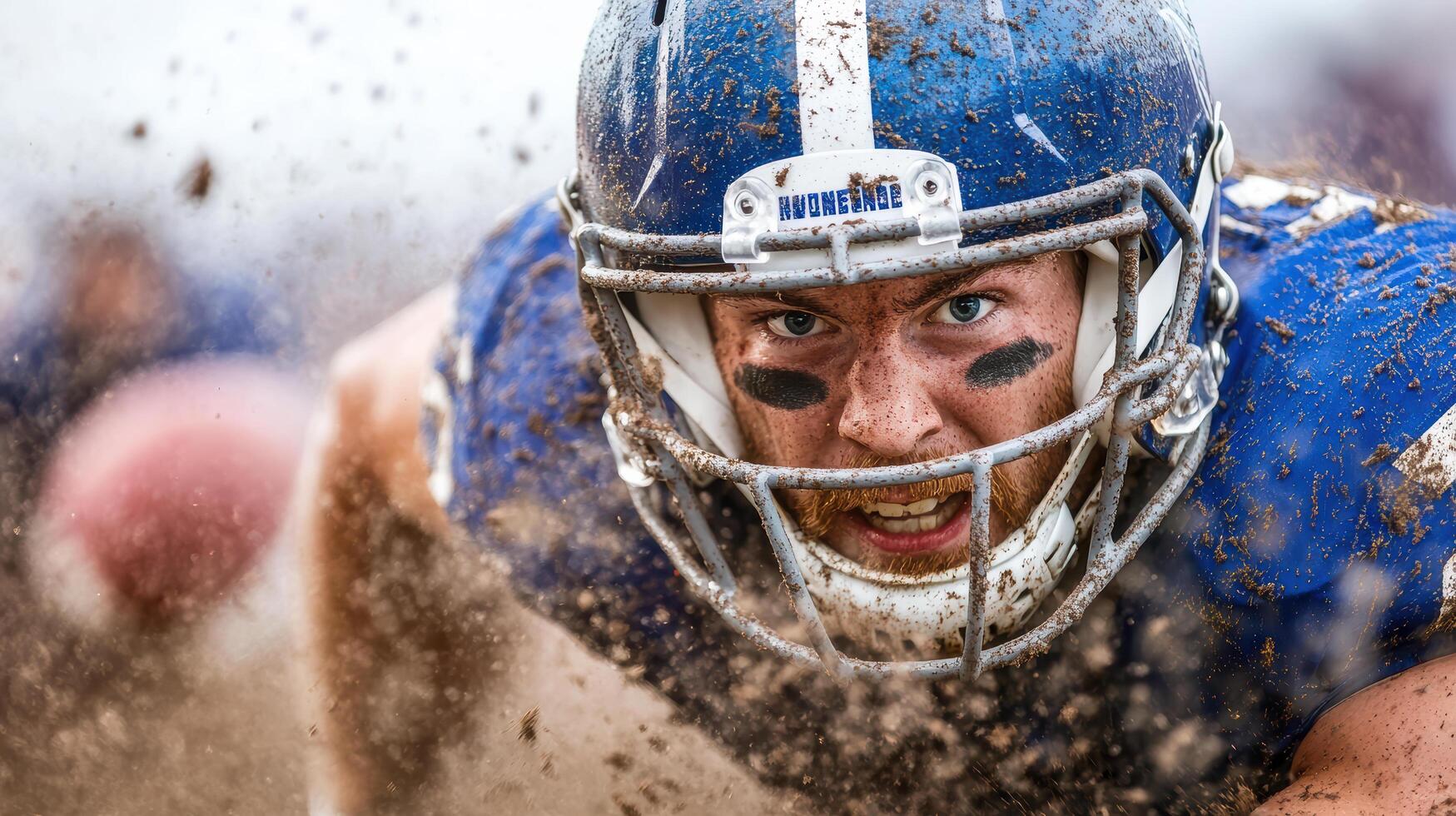 A football player is running through the mud photo
