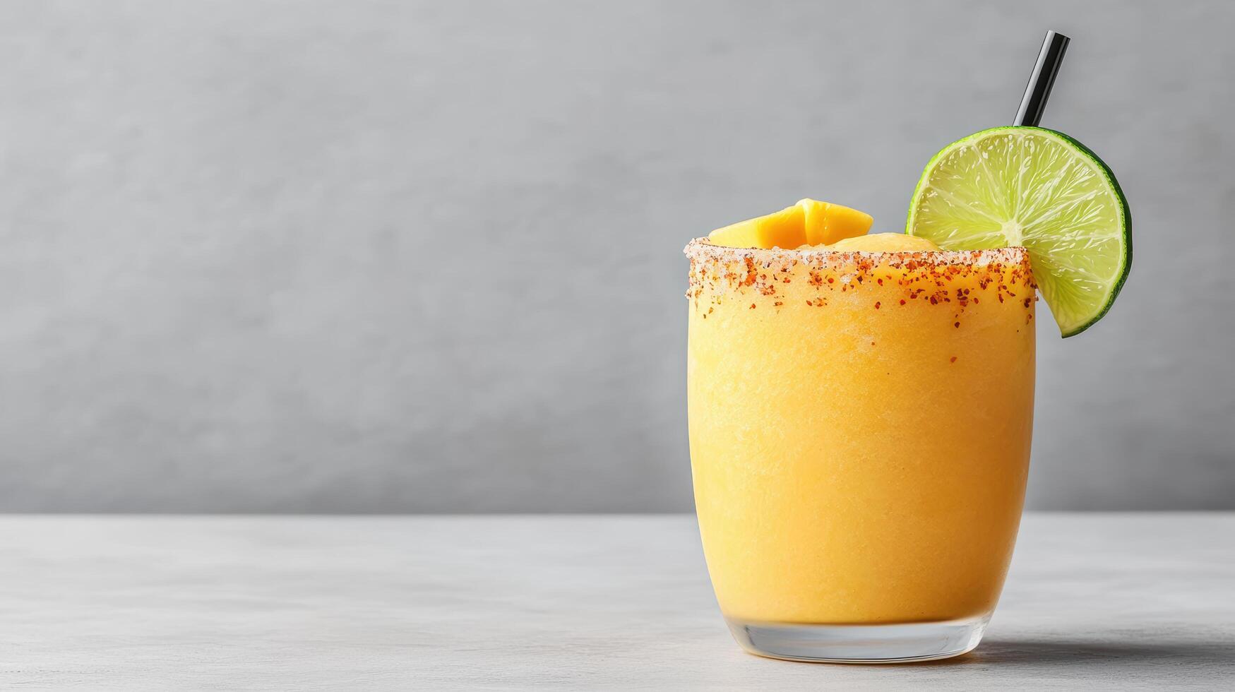 A drink with a lime wedge and a slice of mango photo
