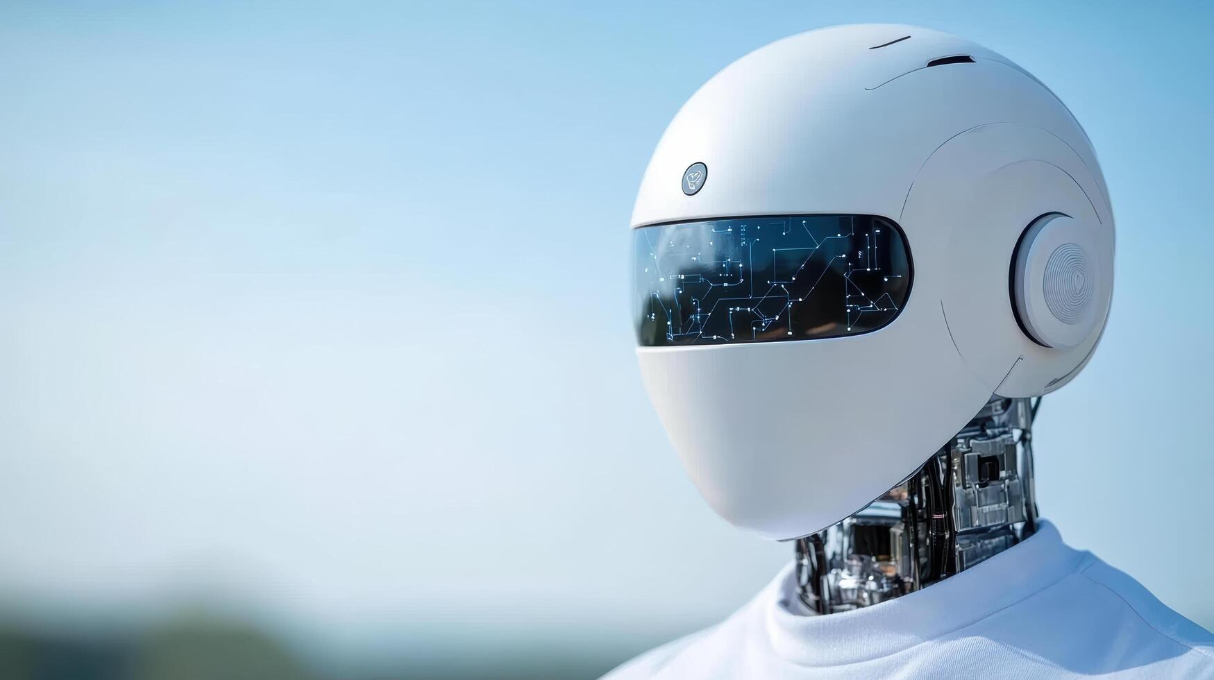 A robot with a white shirt and blue sky background photo