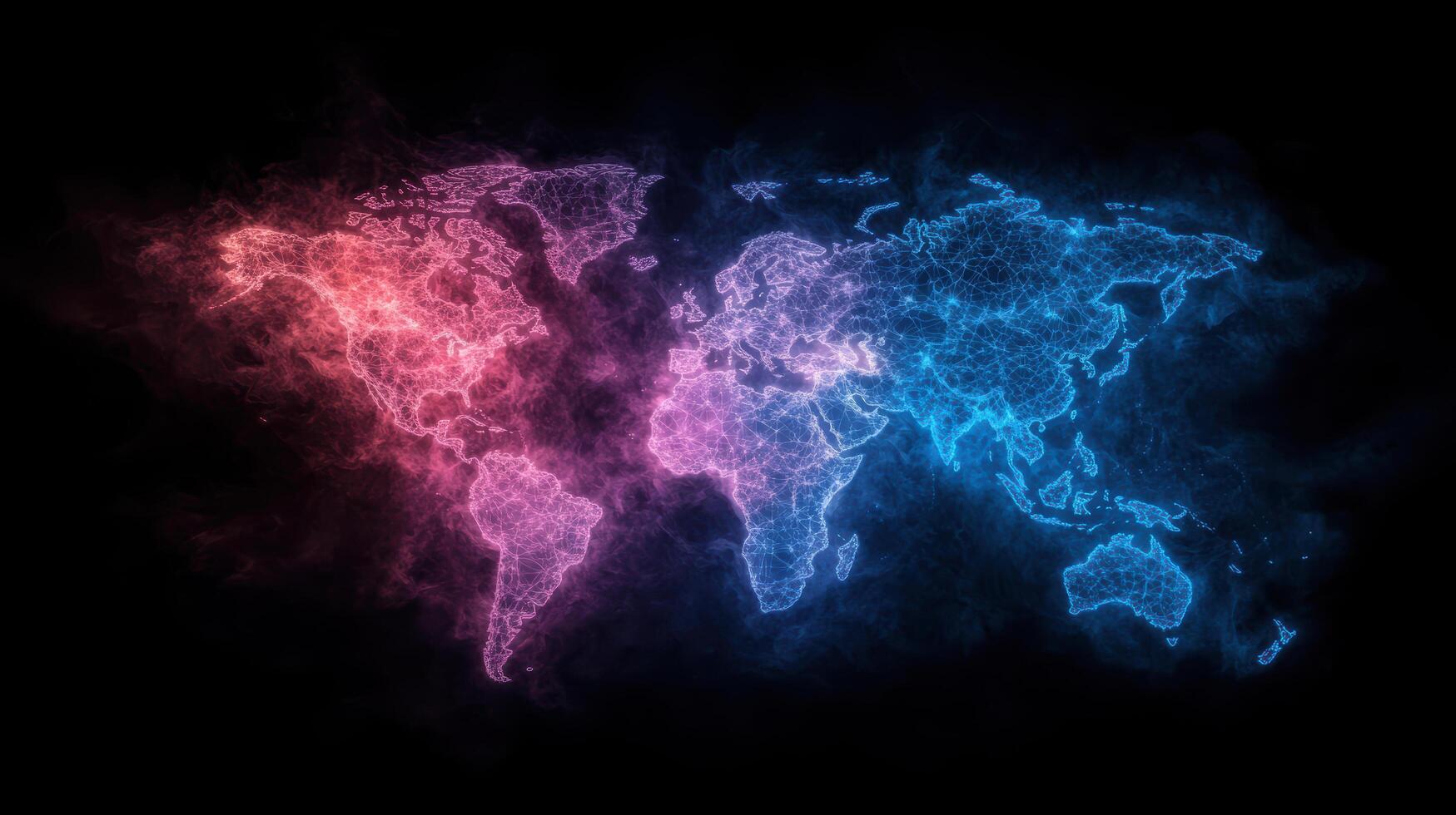 World map with blue and pink colors on black background photo