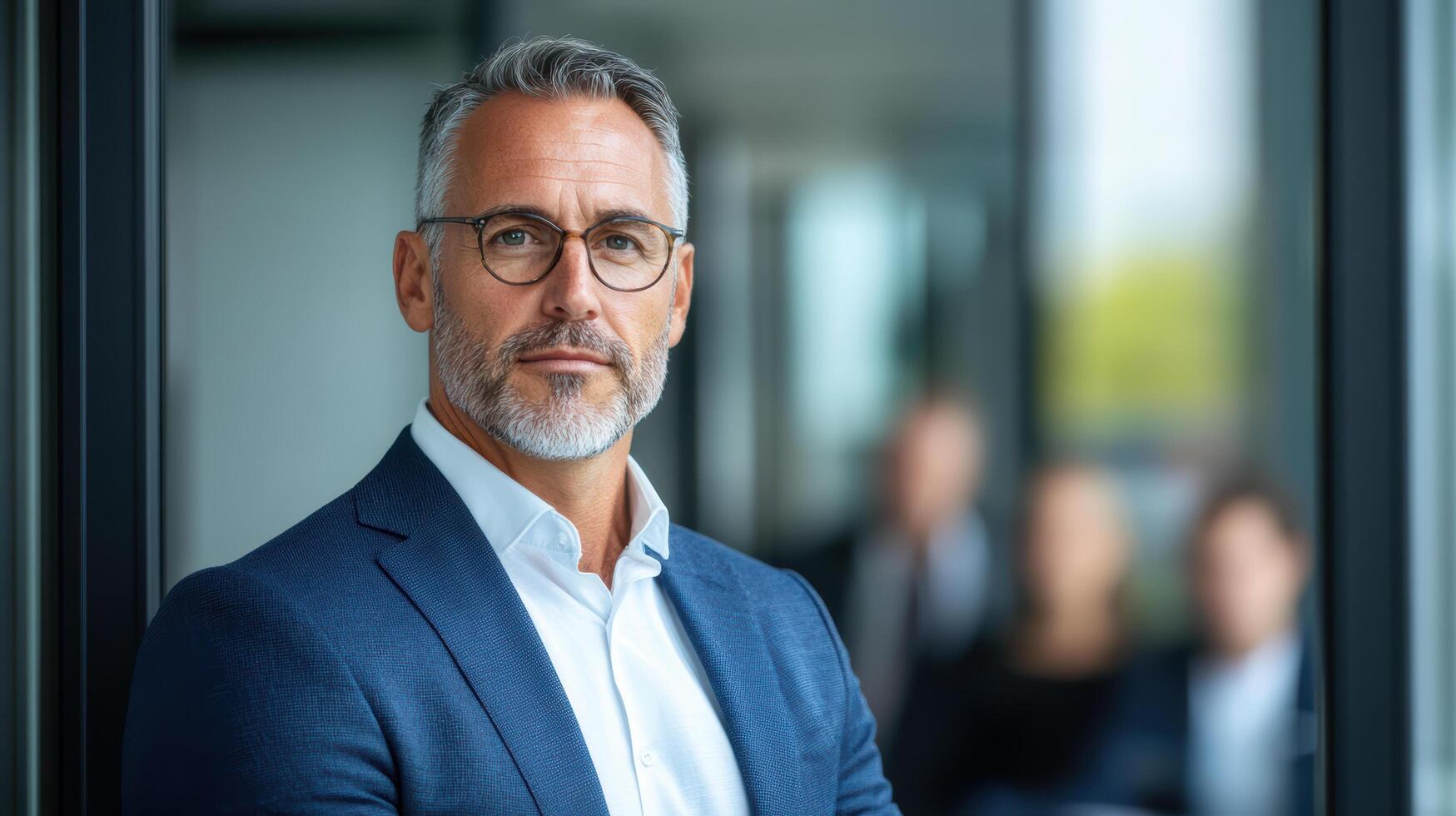 A man in a suit and glasses standing in front of a group of people photo