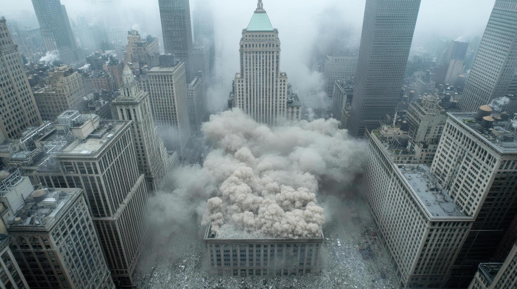 A large building is being demolished by a large cloud of dust photo