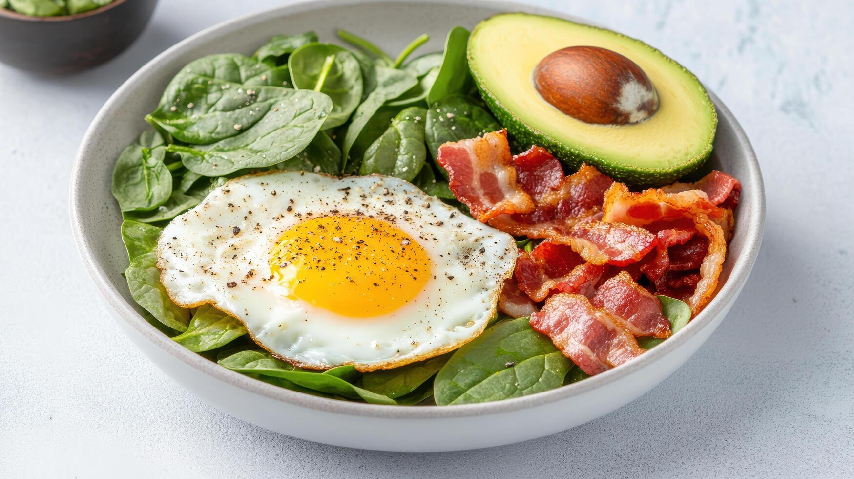 A bowl of food with bacon, avocado, spinach and eggs photo