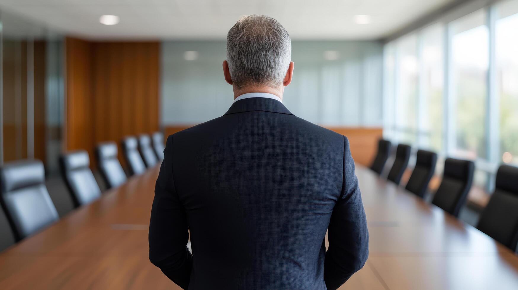 A man in a suit standing in front of a conference table photo
