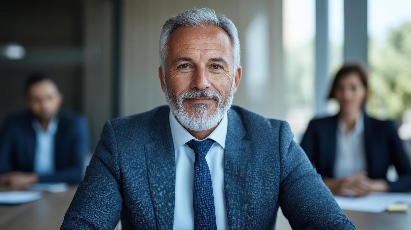 A man with a beard and suit in front of a group of people photo
