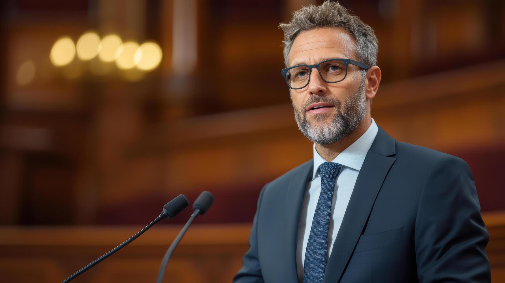 A man in a suit and glasses giving a speech photo