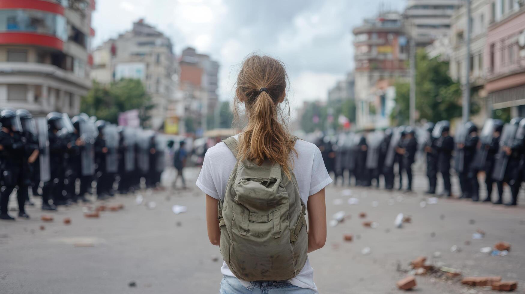 A woman with a backpack standing in front of a crowd of riot police photo