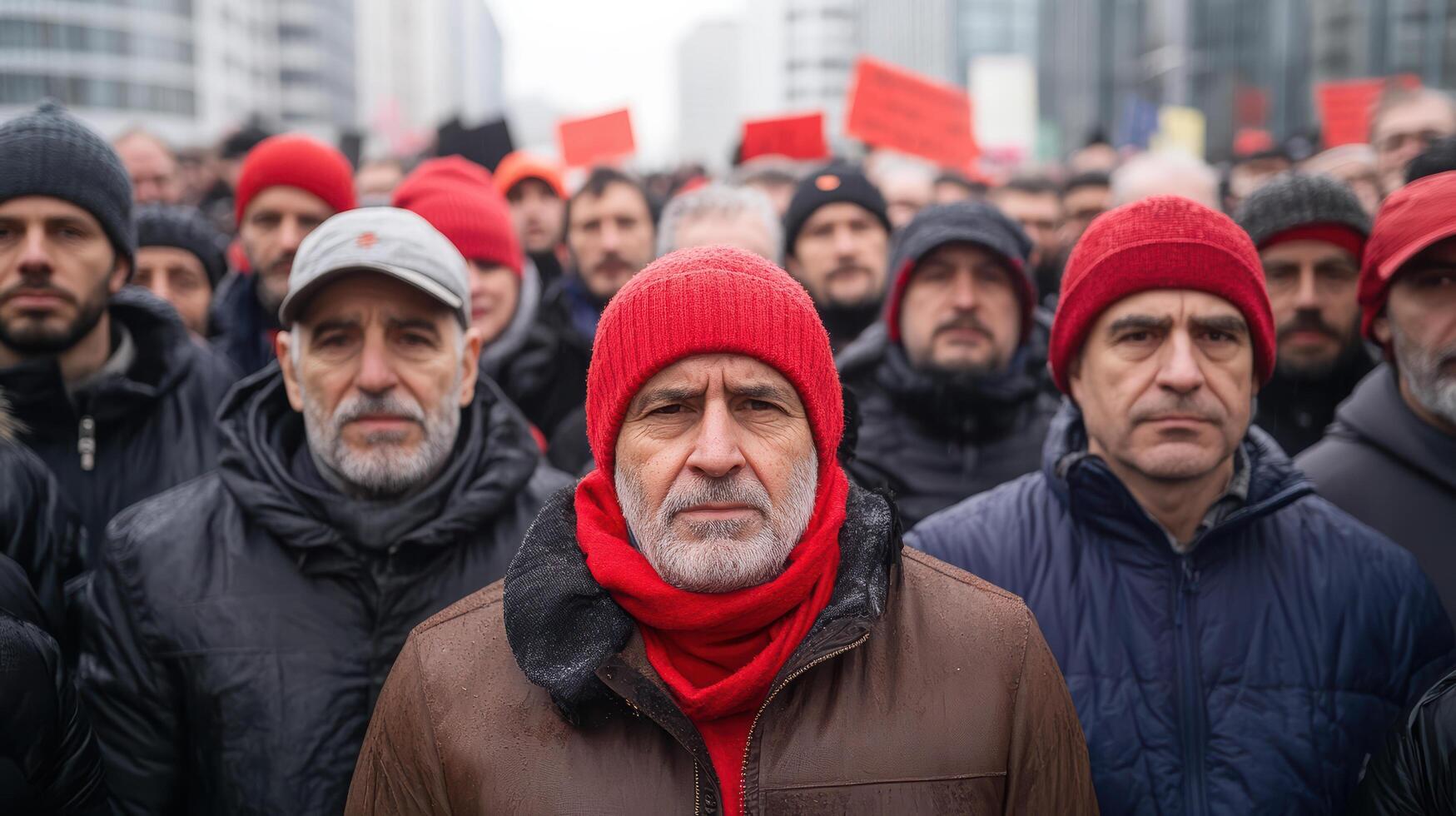 A group of men wearing red hats and scarves photo
