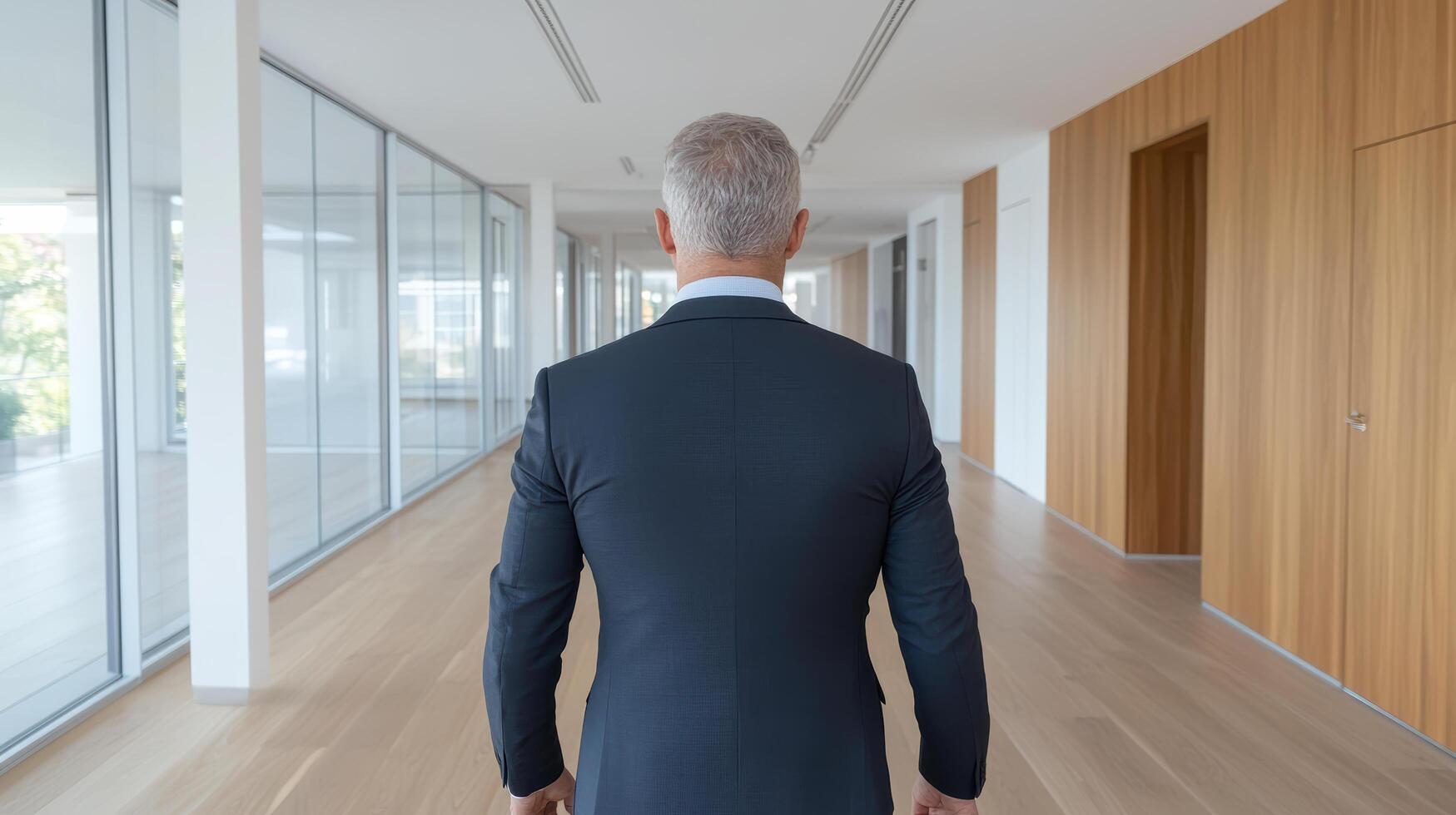Rear view of businessman walking in empty office space photo