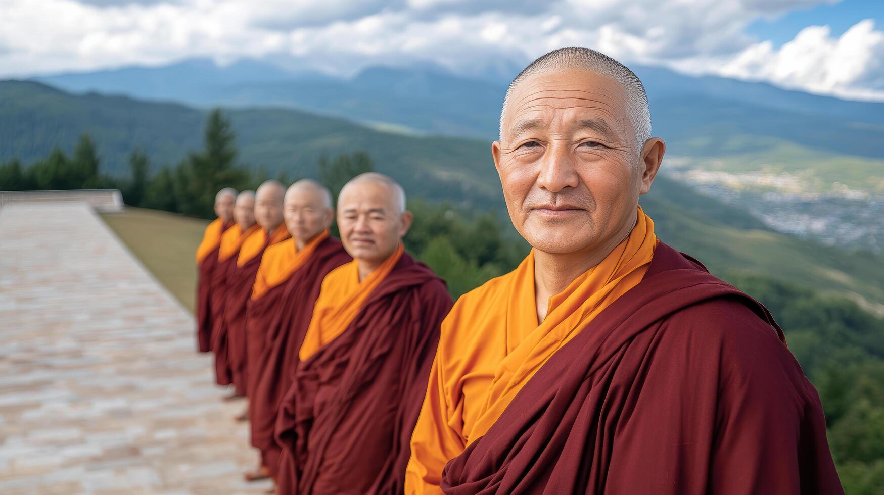 A group of monks standing in front of a mountain photo