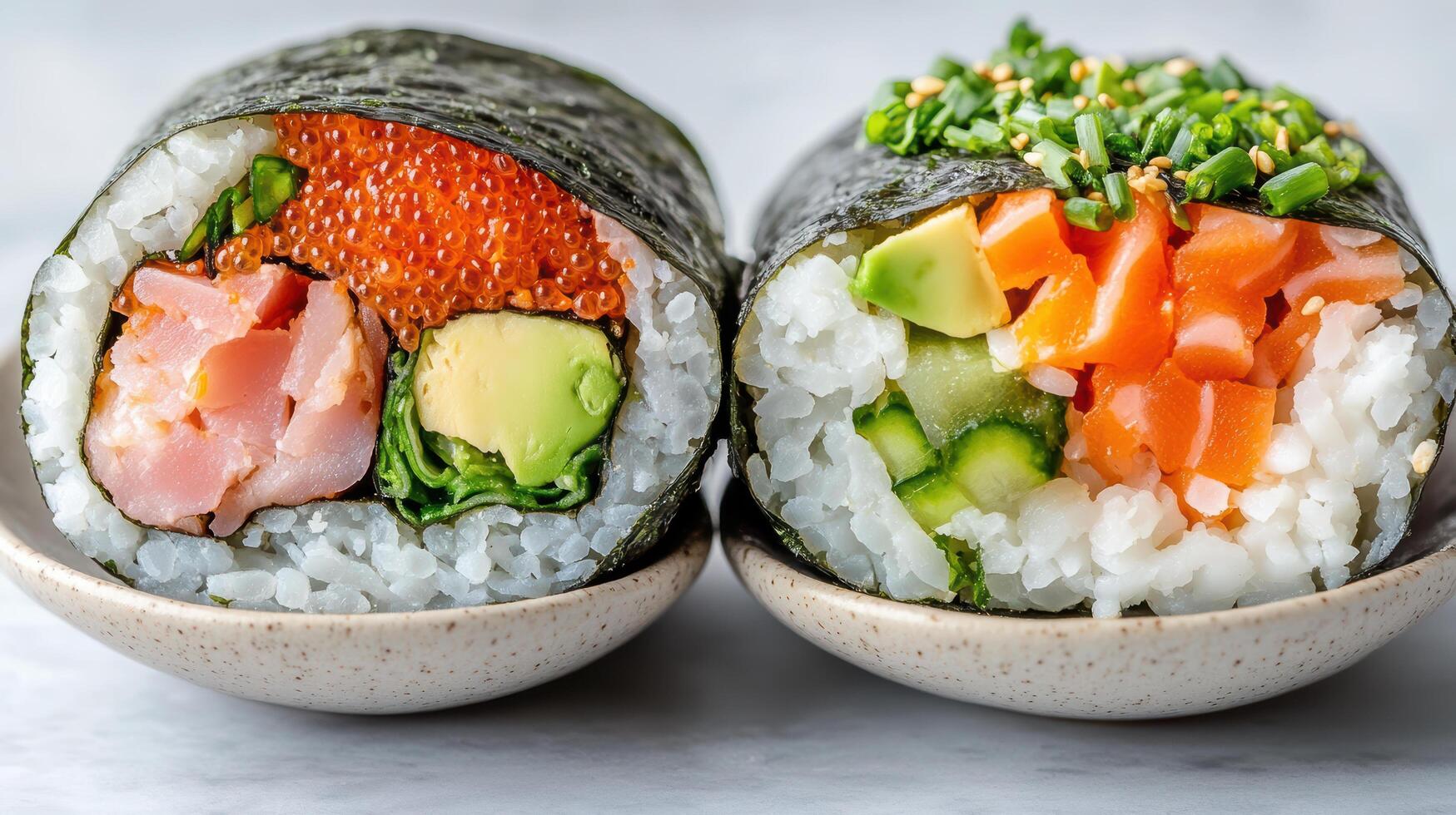 Two sushi rolls with different types of fish photo