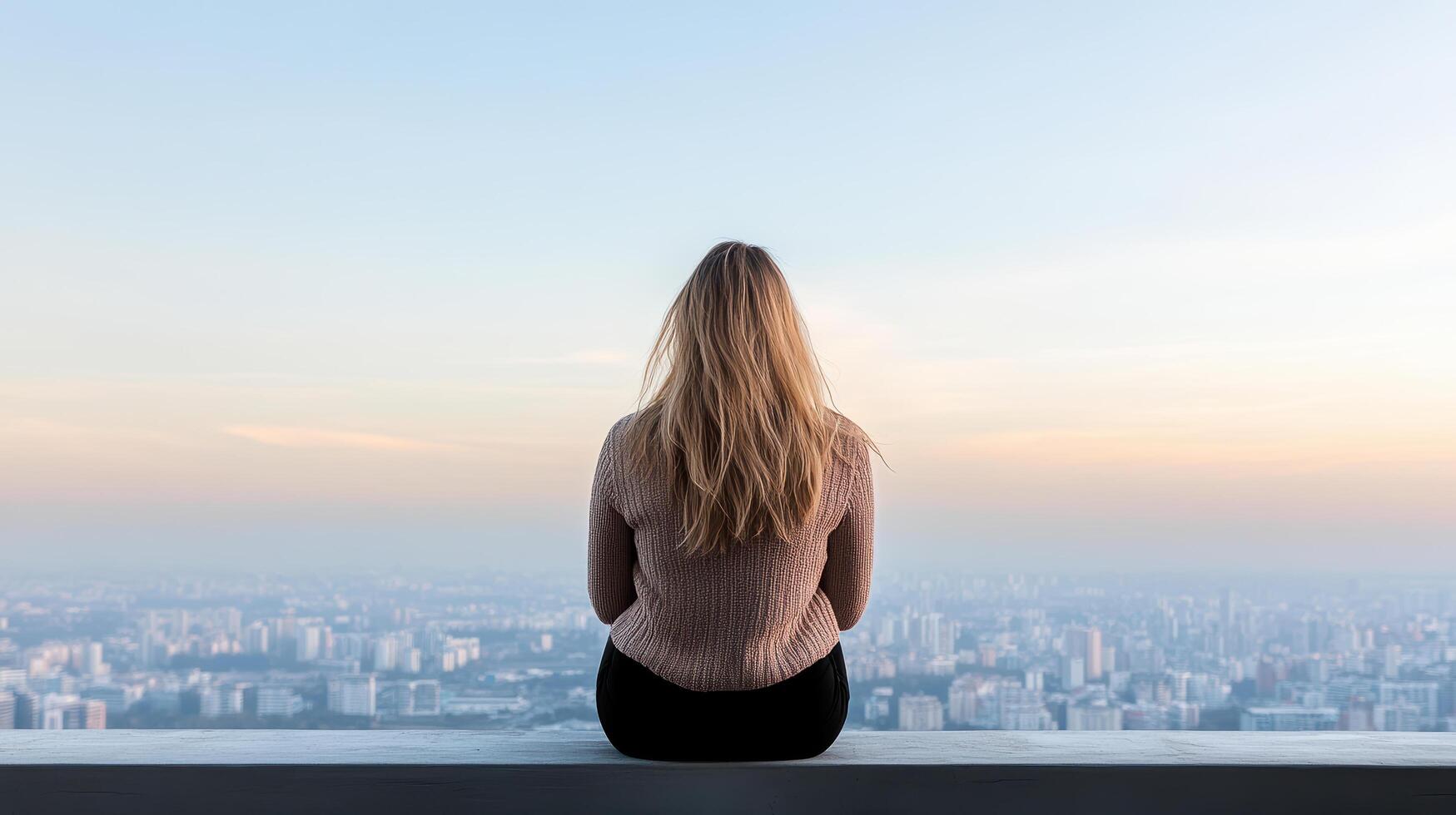A woman sitting on a ledge overlooking a city photo