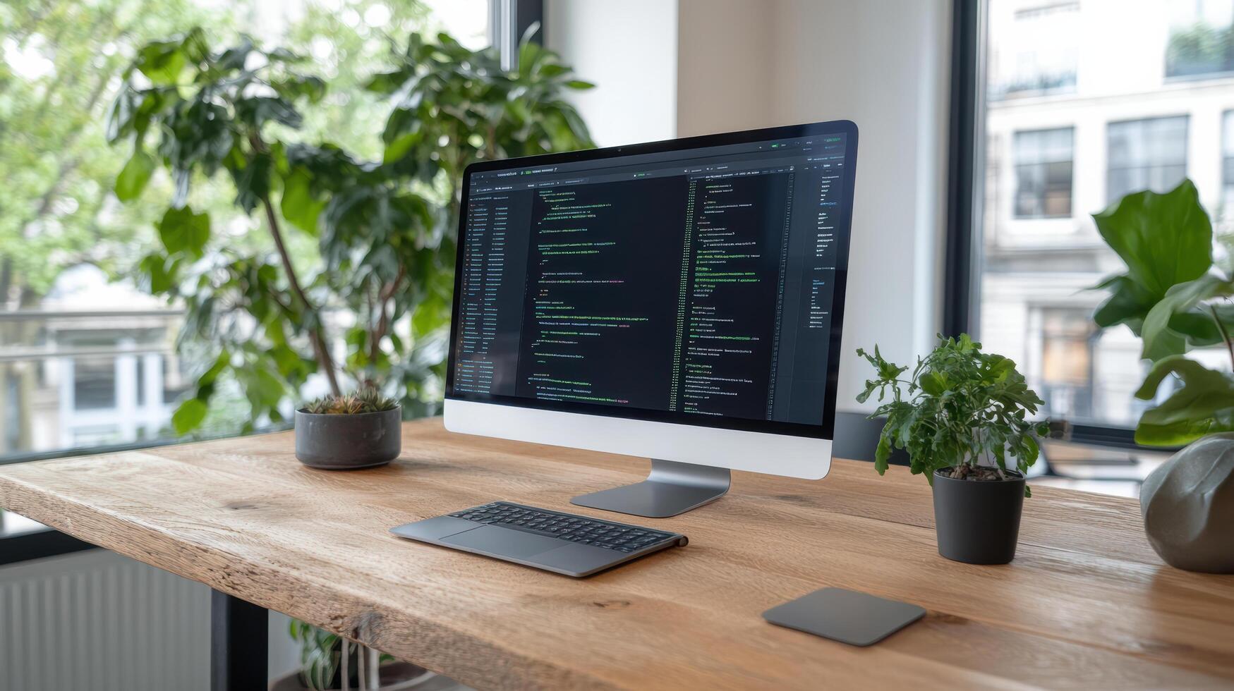 A desktop computer with a keyboard and mouse on a wooden desk photo