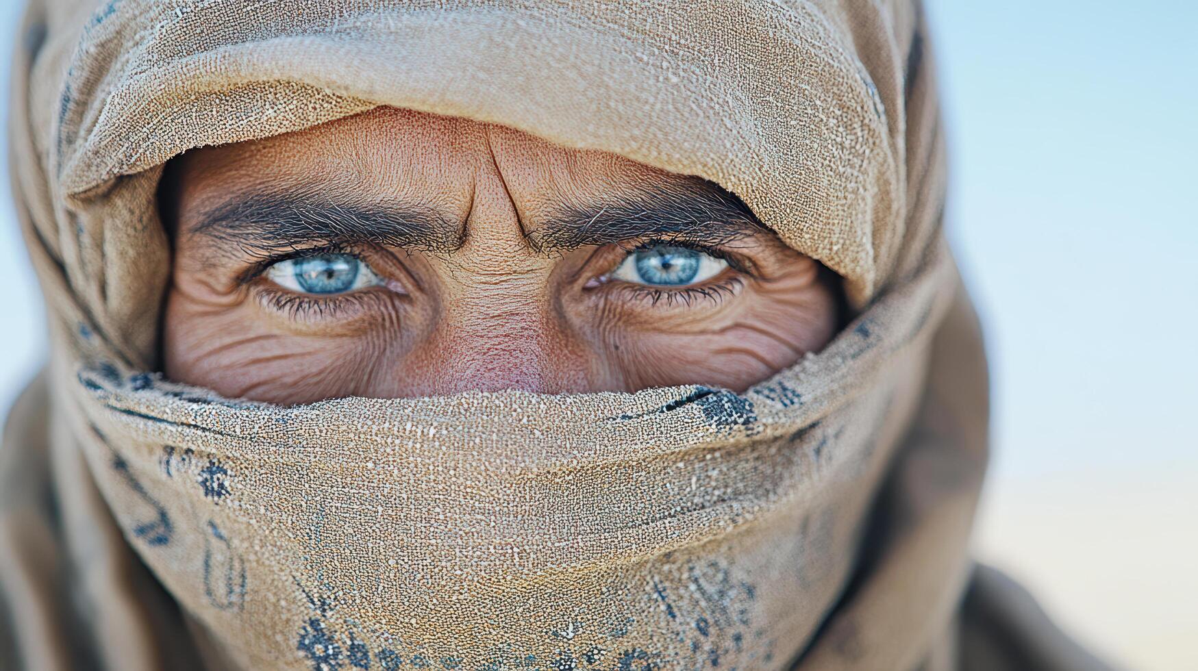 A woman with blue eyes in a head scarf photo