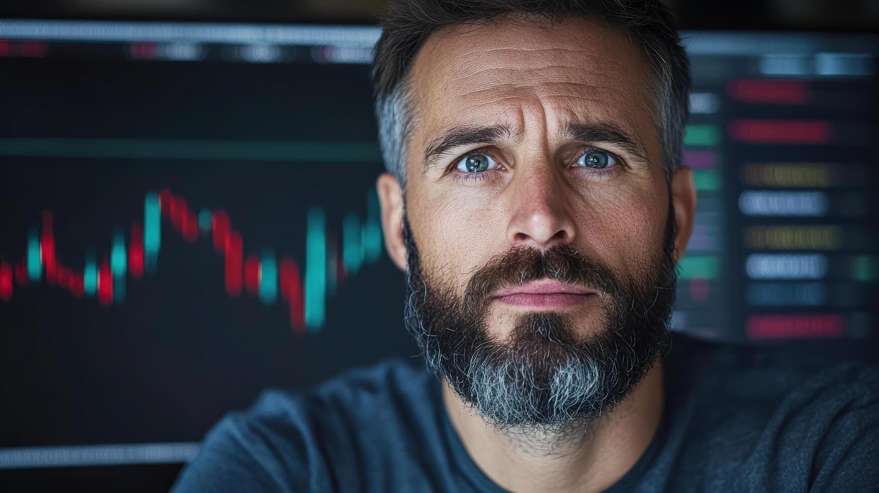A man with a beard and beard looking at the screen photo