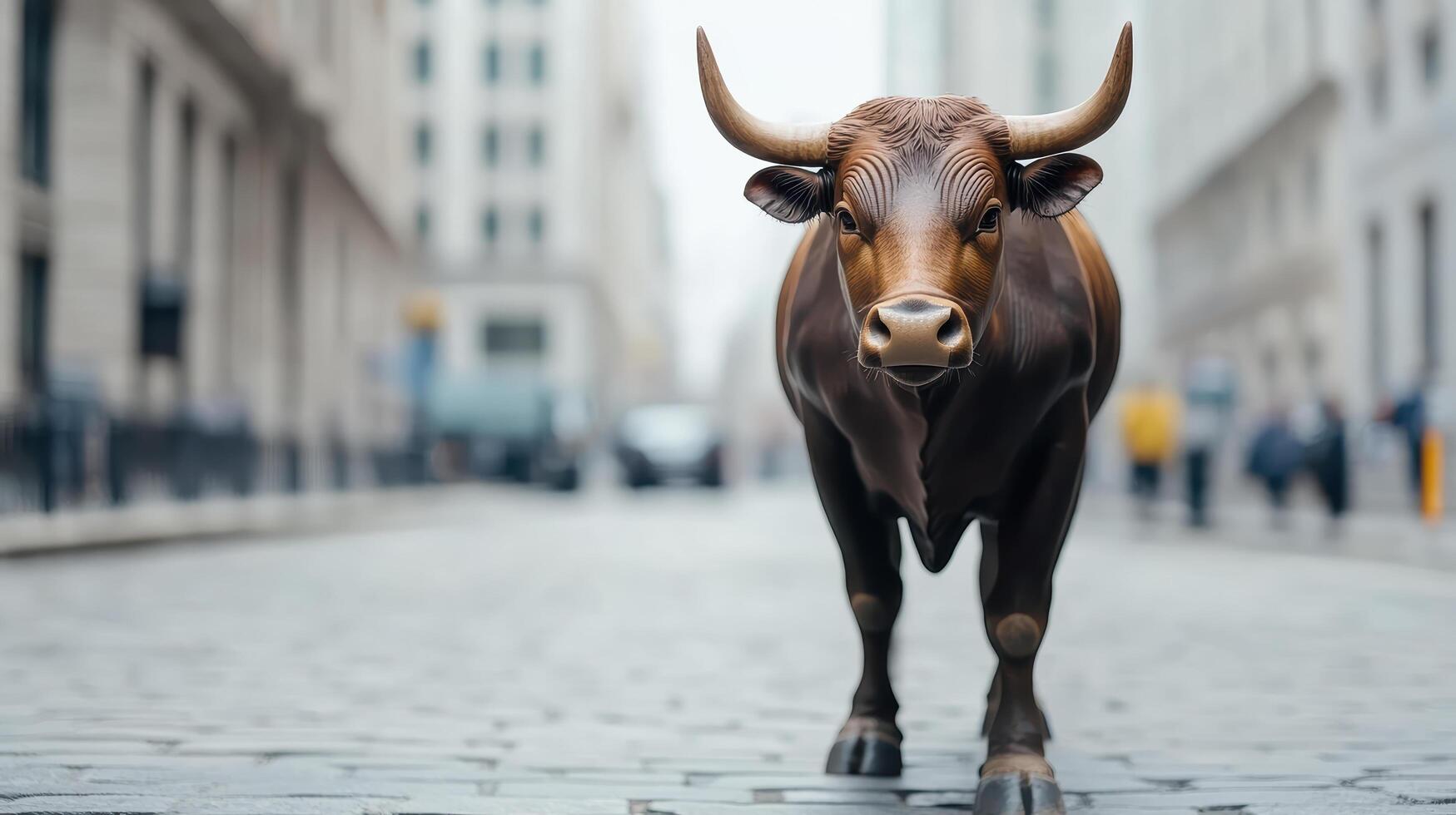 A bull is walking down a street in a city photo