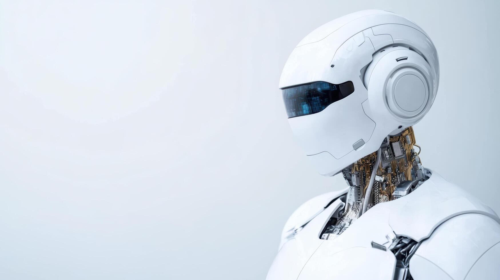 A white robot with blue eyes and a white helmet photo