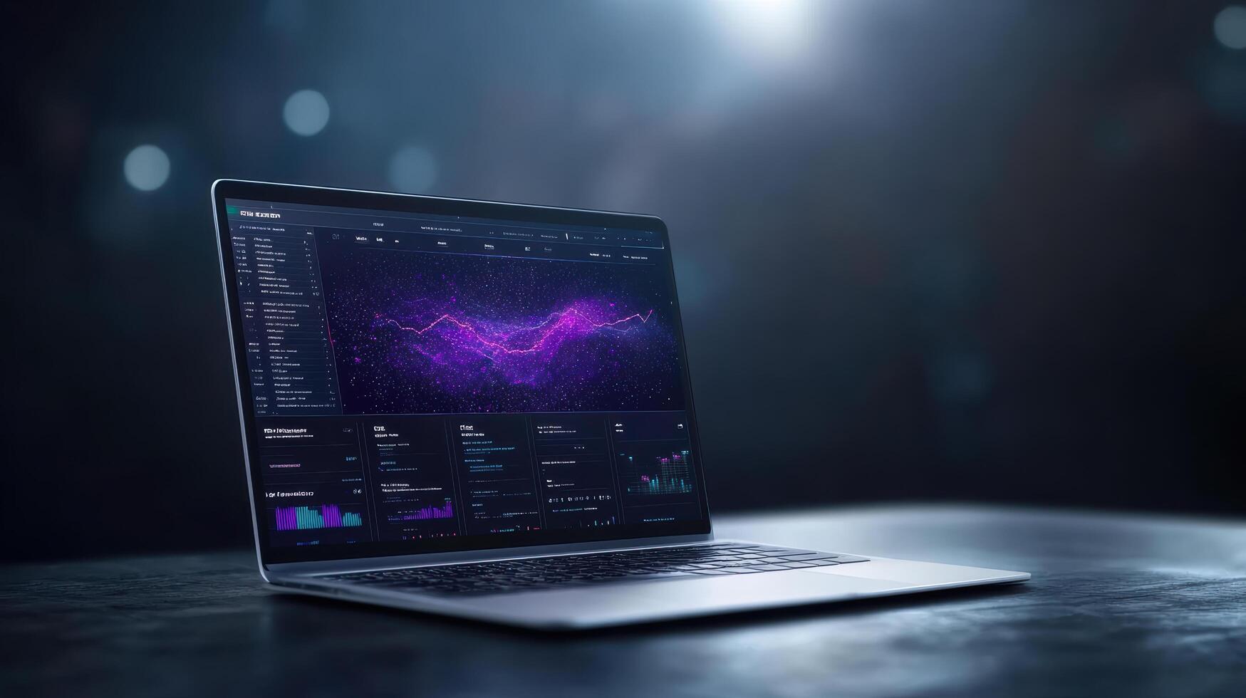 A laptop with a purple screen on a table photo