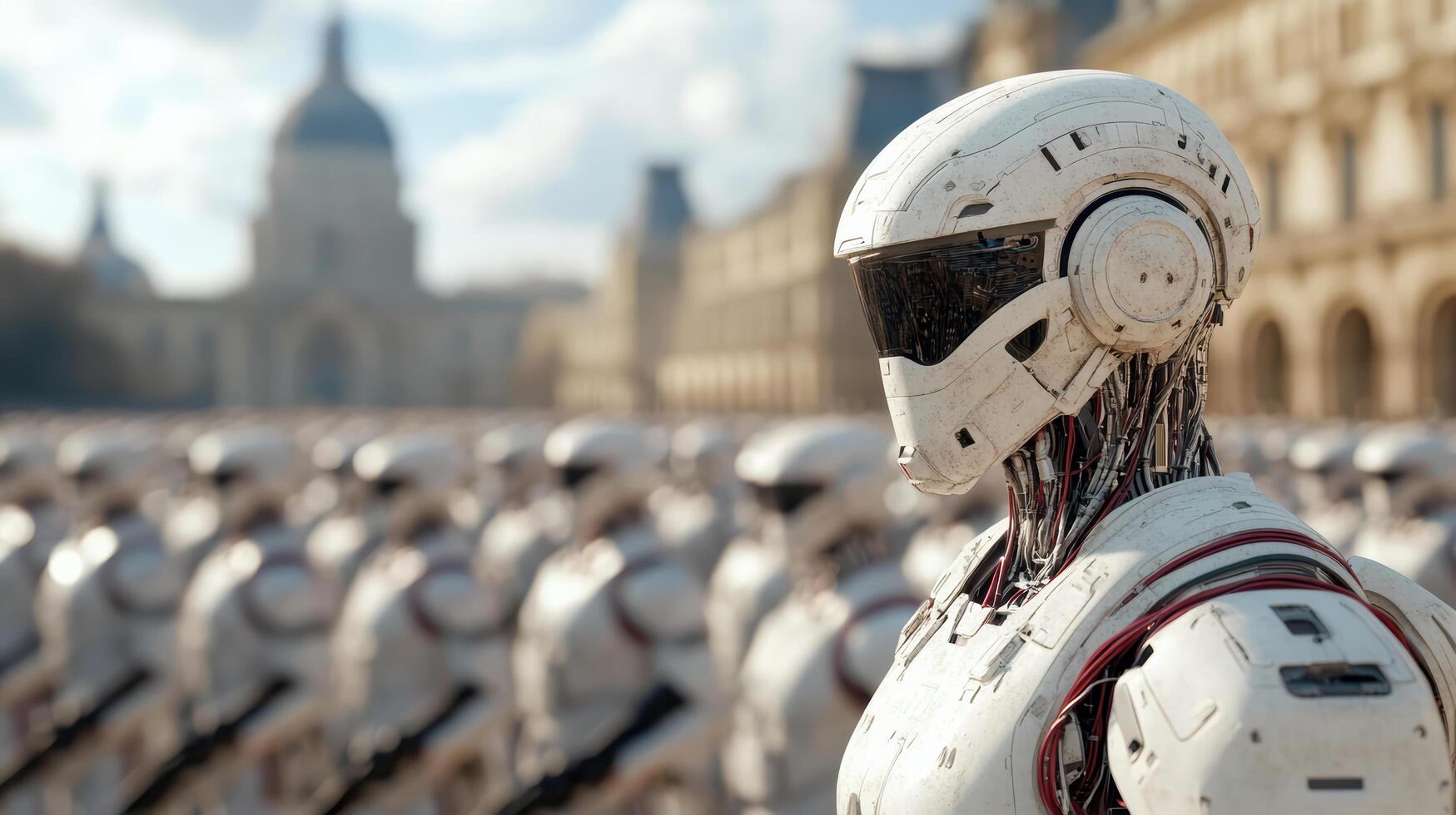 A white robot standing in front of a crowd of people photo