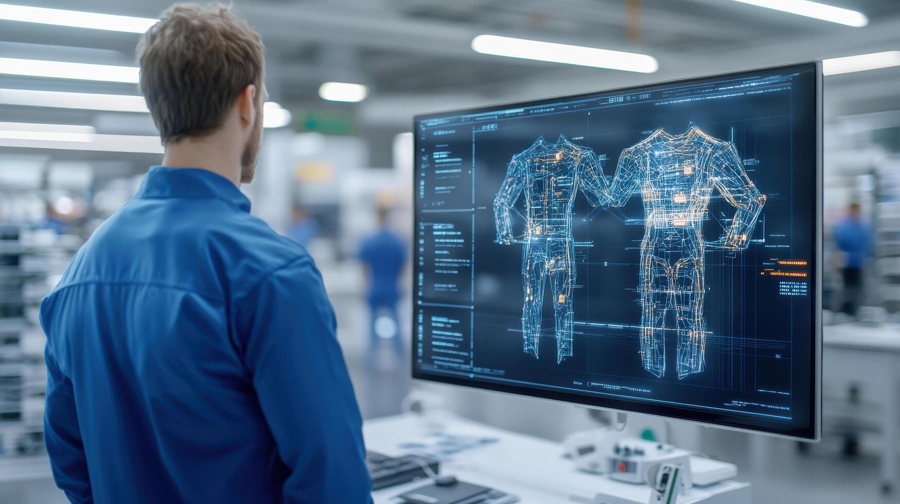 A man in blue shirt is looking at a computer screen photo