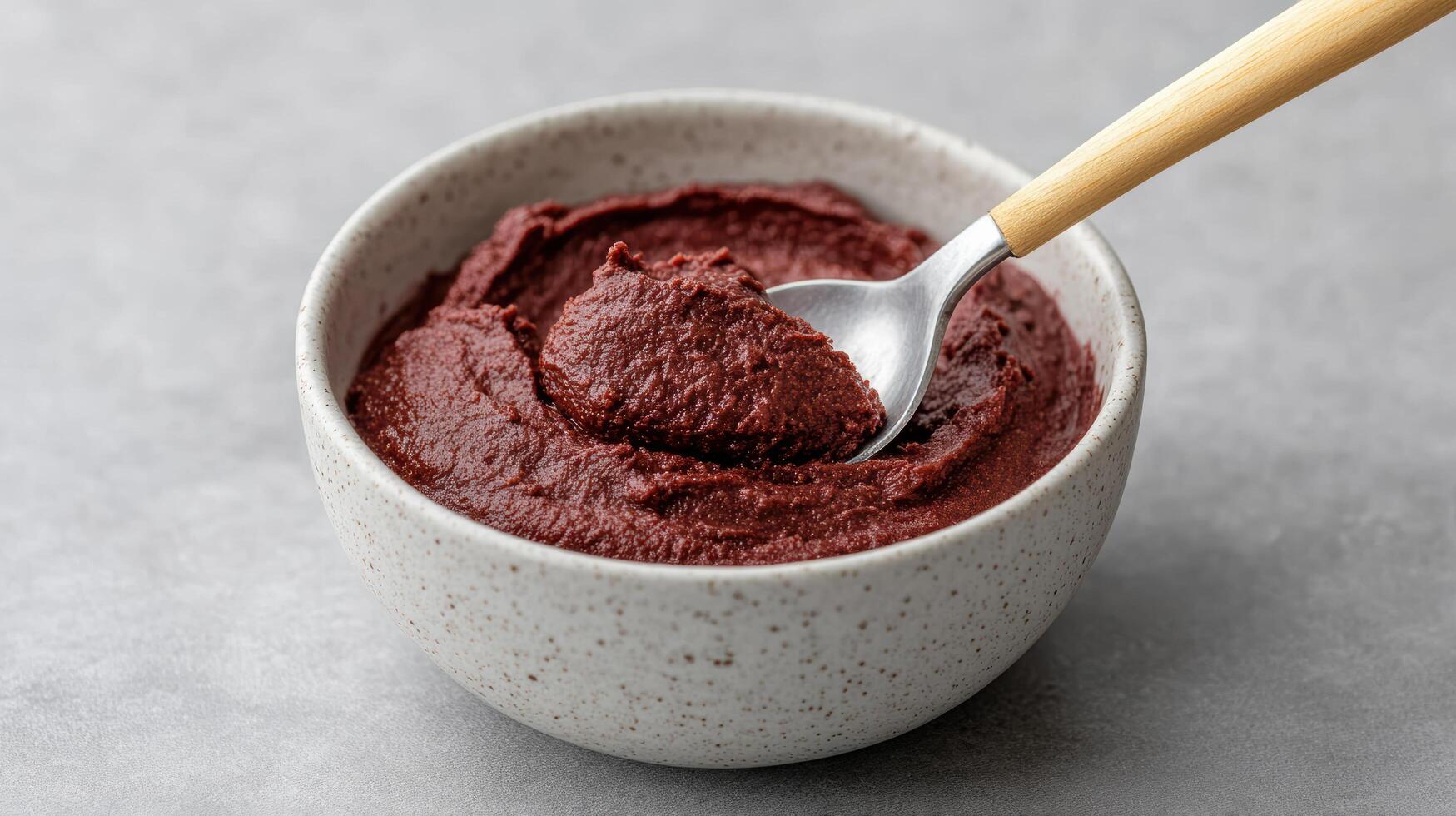 A spoon is in a bowl of beetroot paste photo