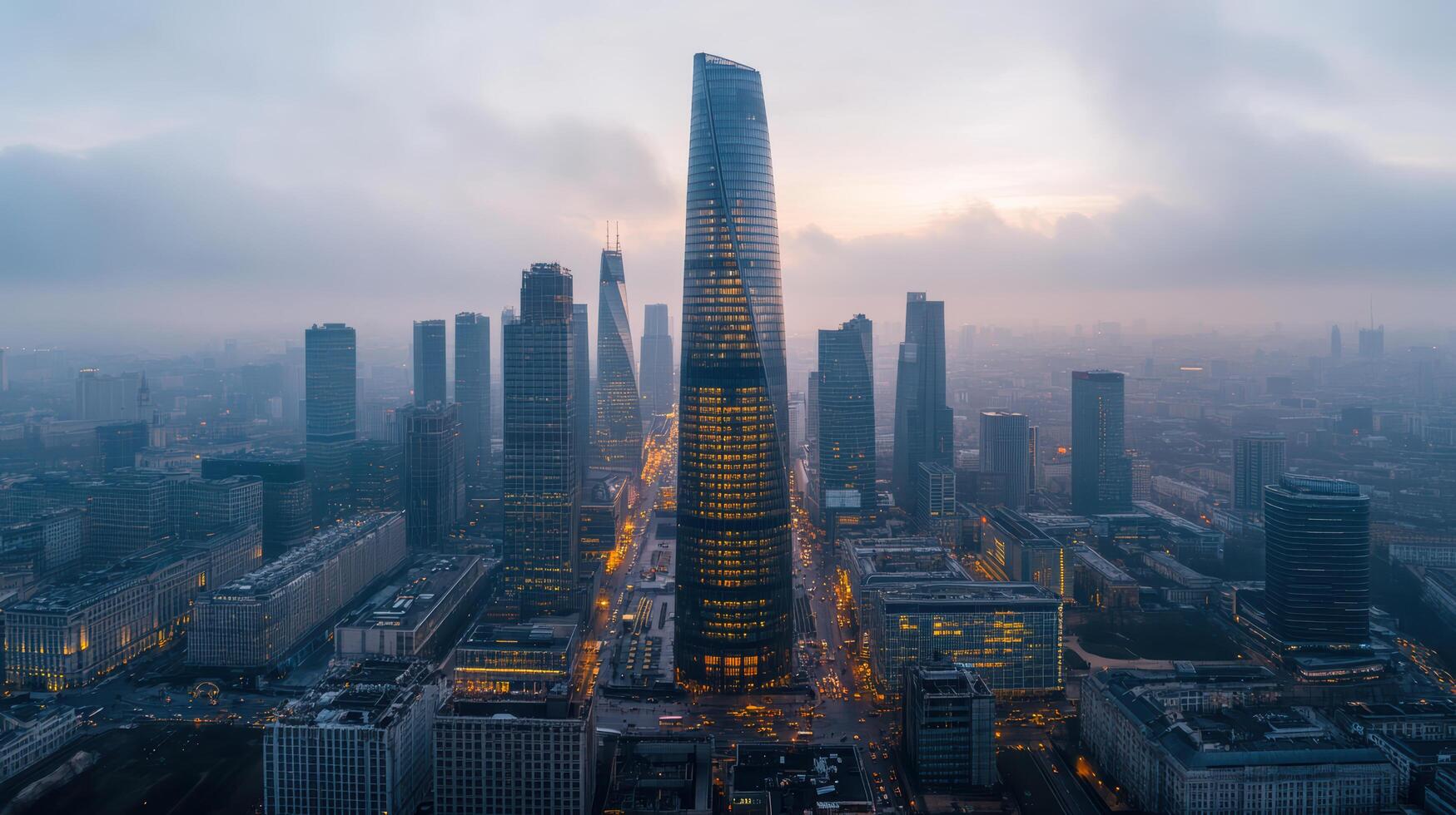 The shanghai tower is seen in the city at dusk photo