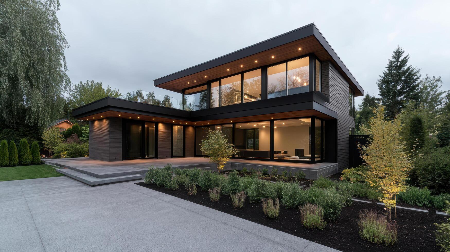 Modern house exterior with black exterior and glass windows photo