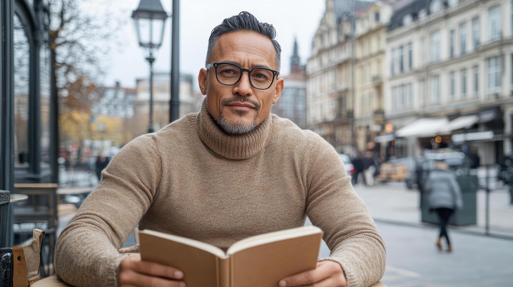 A man in glasses is reading a book outside photo