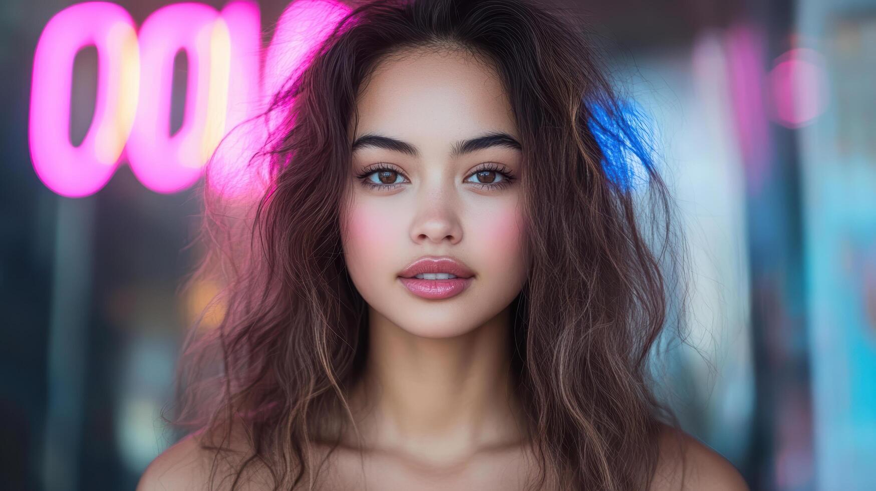 A woman with long hair and pink makeup photo