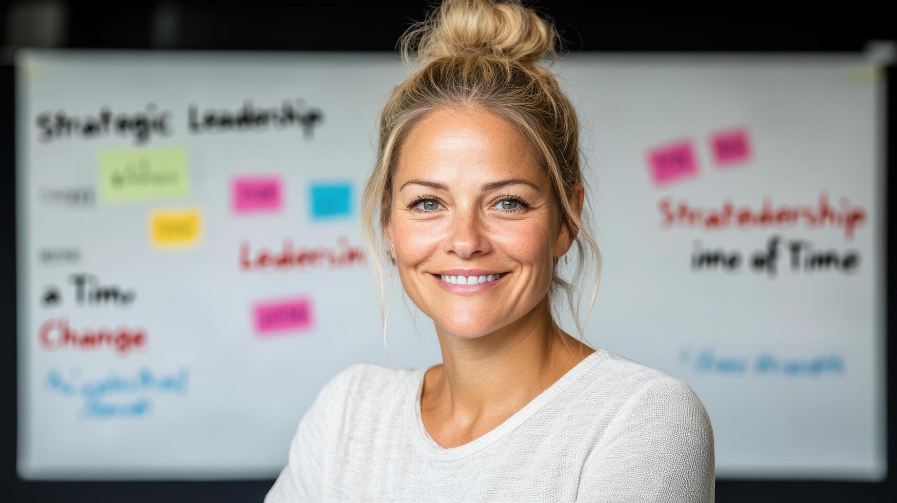 A woman is smiling in front of a whiteboard photo