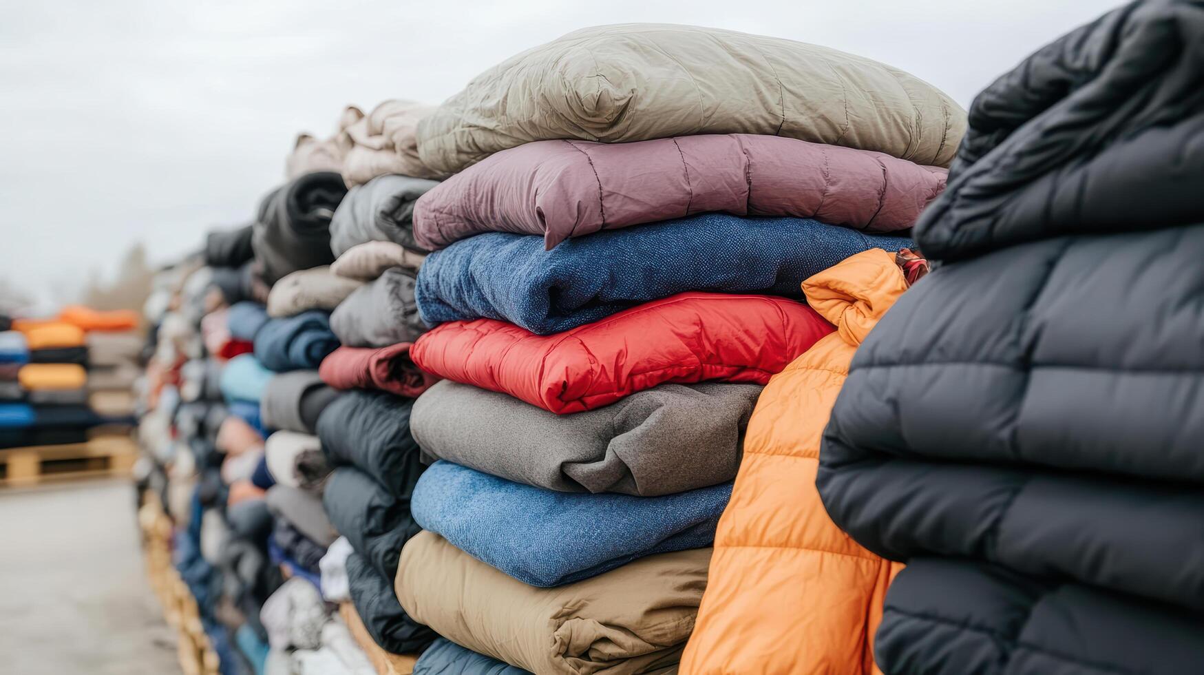 A pile of jackets and coats on a pallet photo
