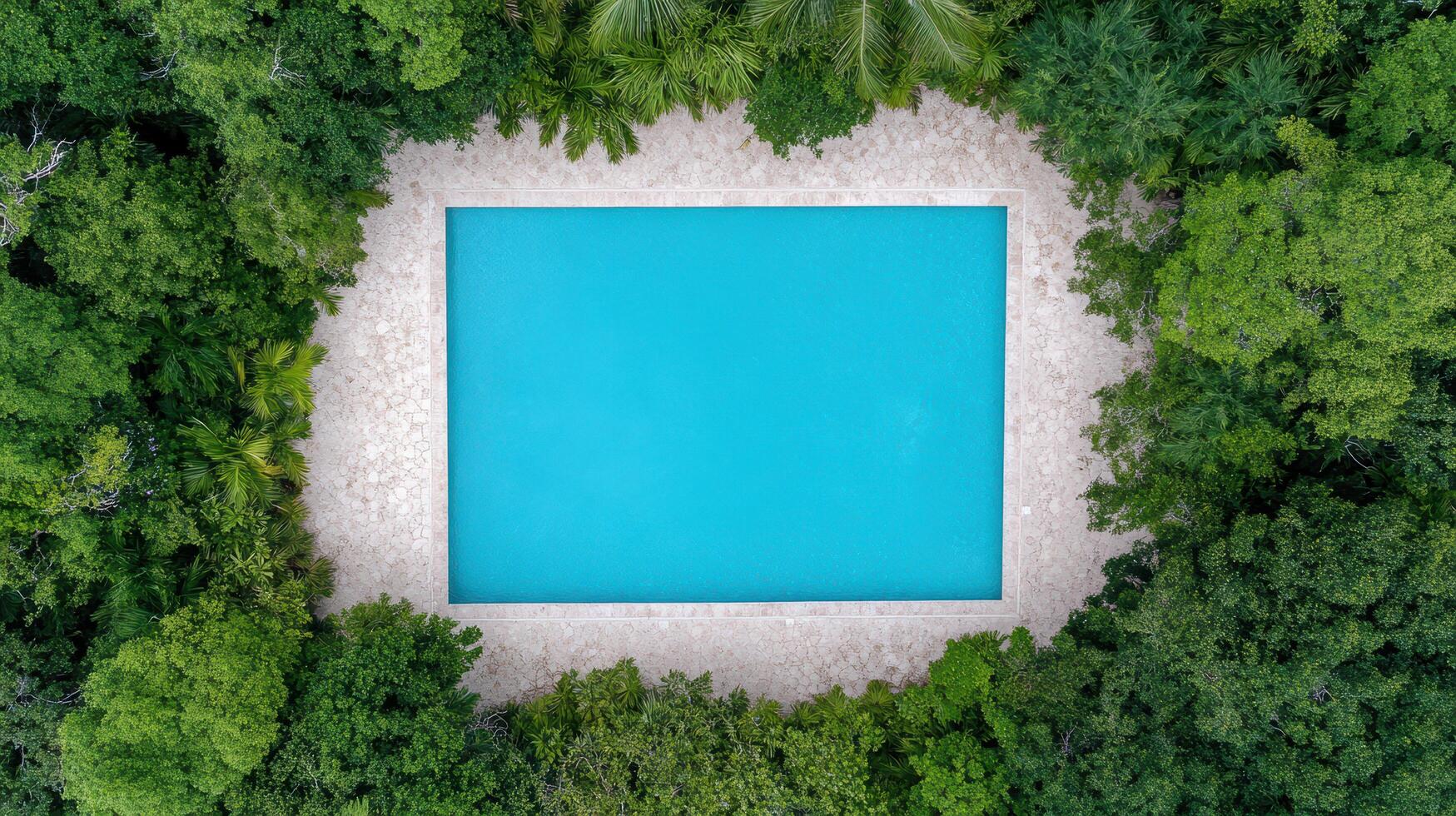 An aerial view of a swimming pool surrounded by trees photo