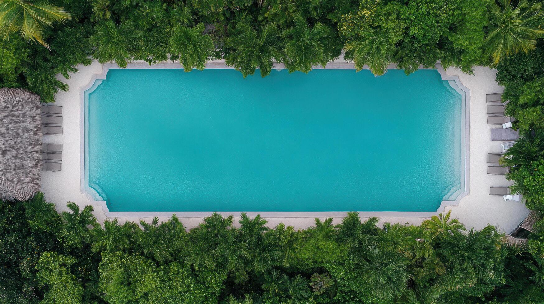 An aerial view of a swimming pool surrounded by lush green trees photo