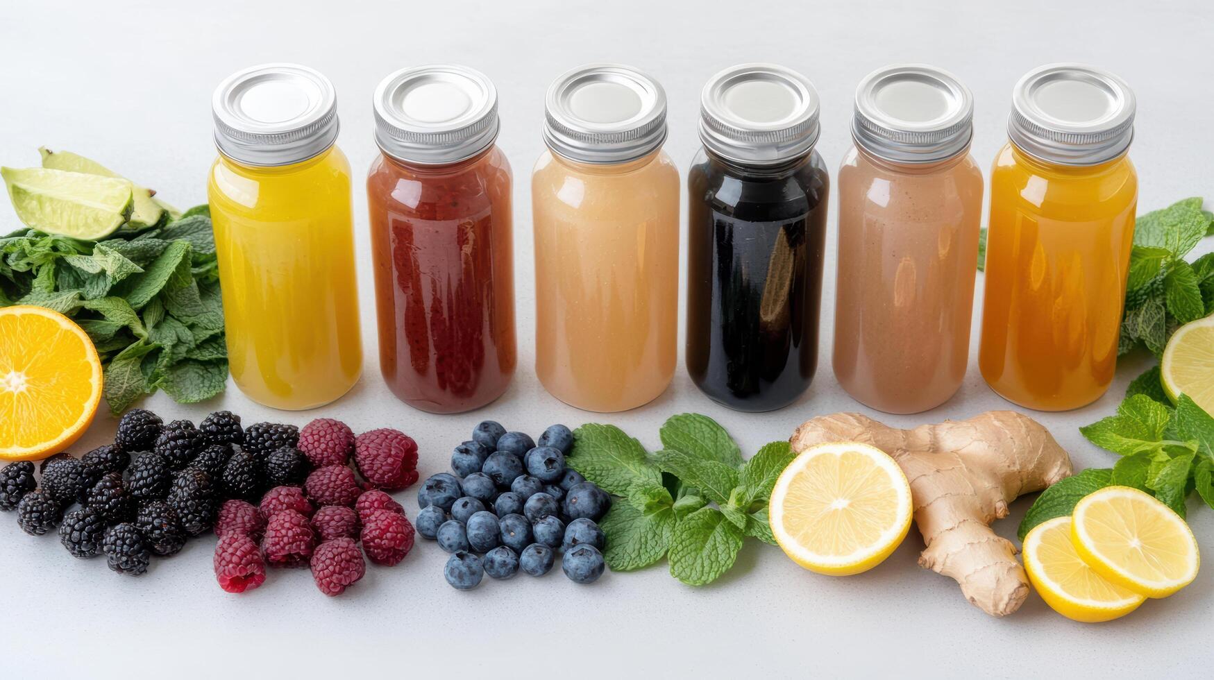A group of different juices in bottles photo