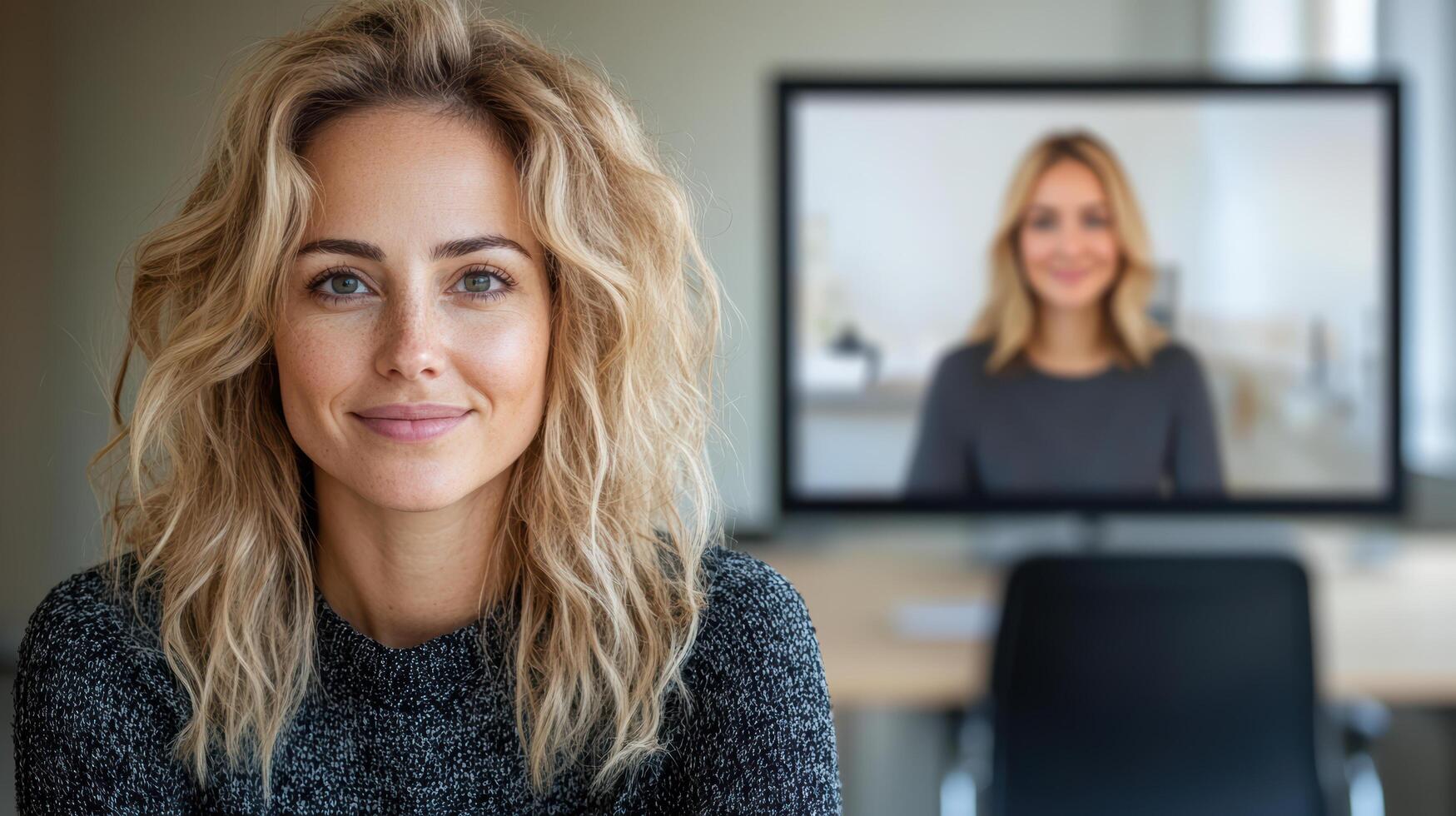 A woman is sitting in front of a computer screen photo