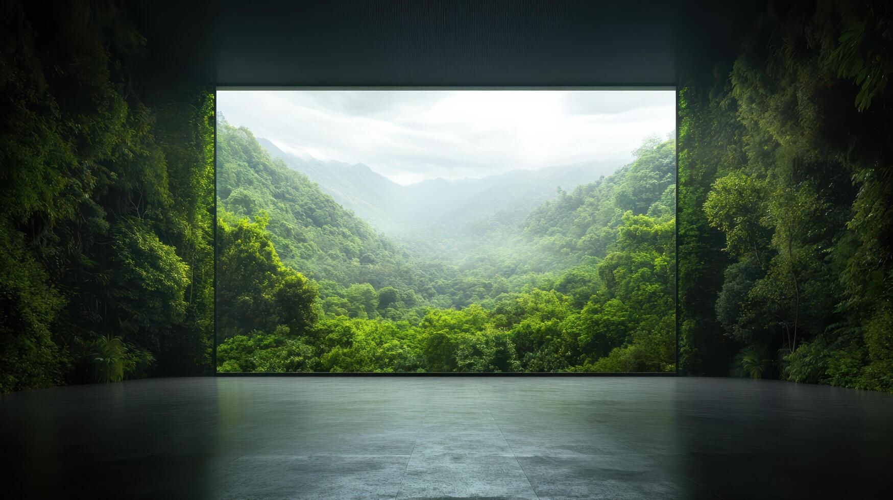An open door to a forest with a view of mountains photo