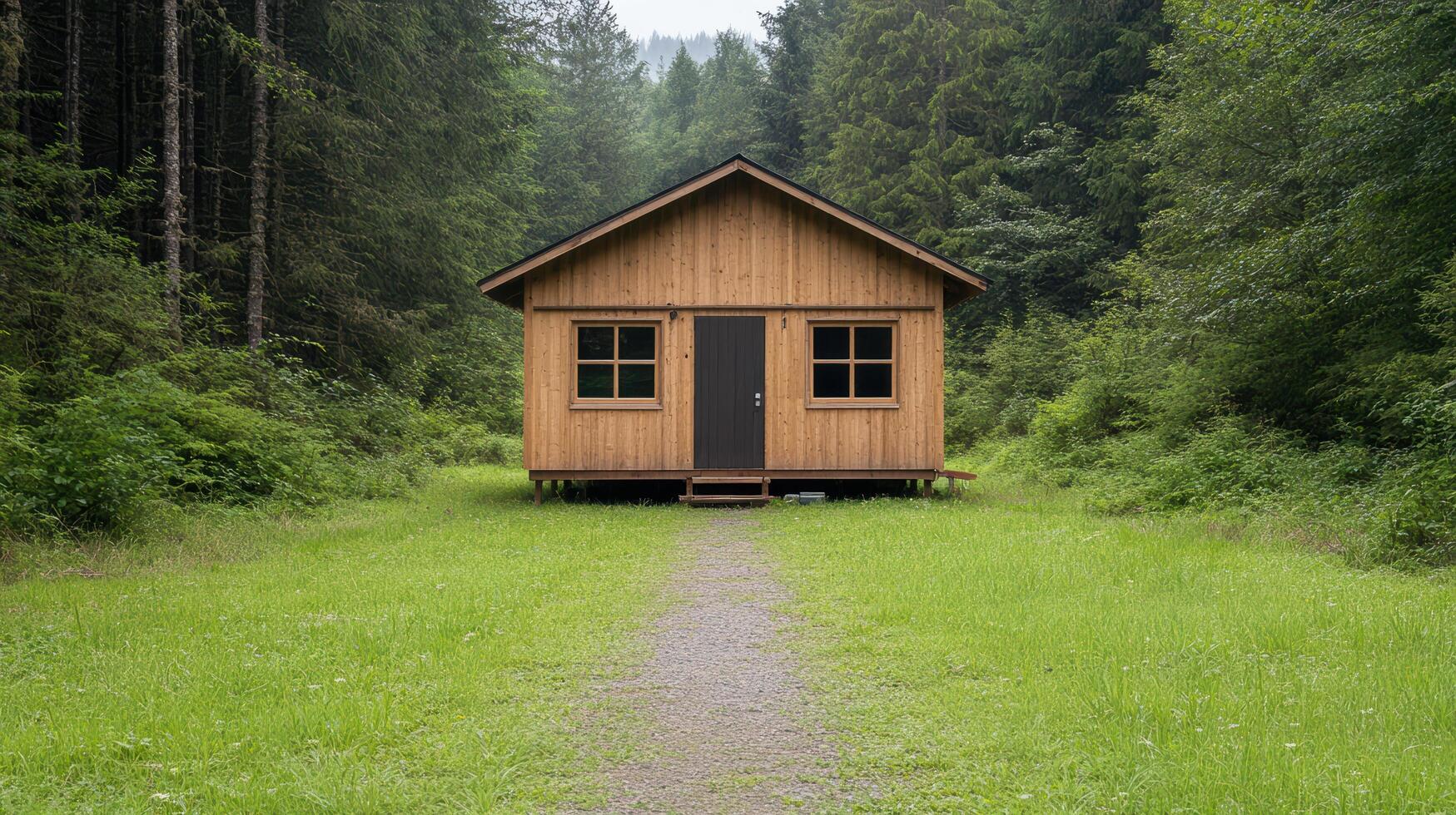 A small cabin in the woods with a path leading to it photo